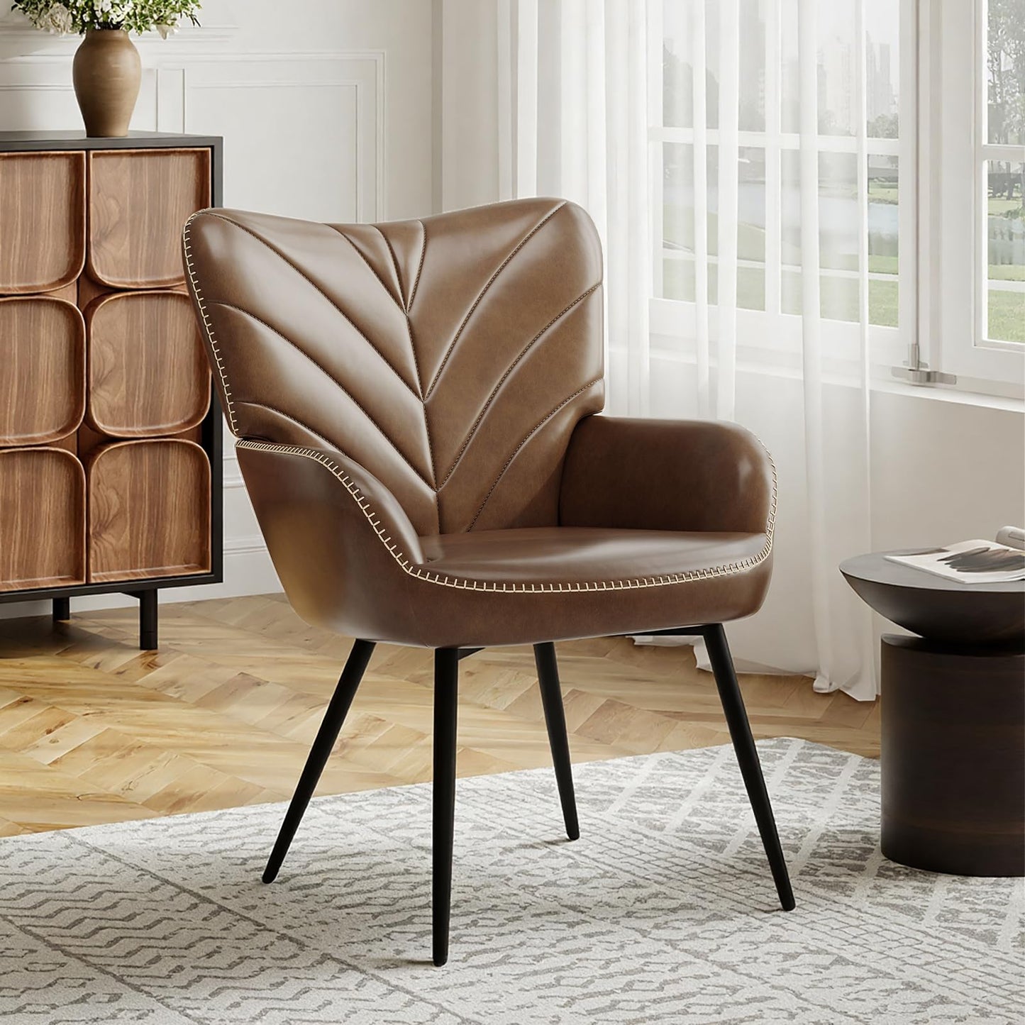 MALOL Mid-Century Modern Faux Leather Accent Chair for Living Room, Upholstered Armchair with Curved Ergonomic Back, High-Density Cushion & Metal Legs, Lounge Chair for Bedroom/Reading Corner