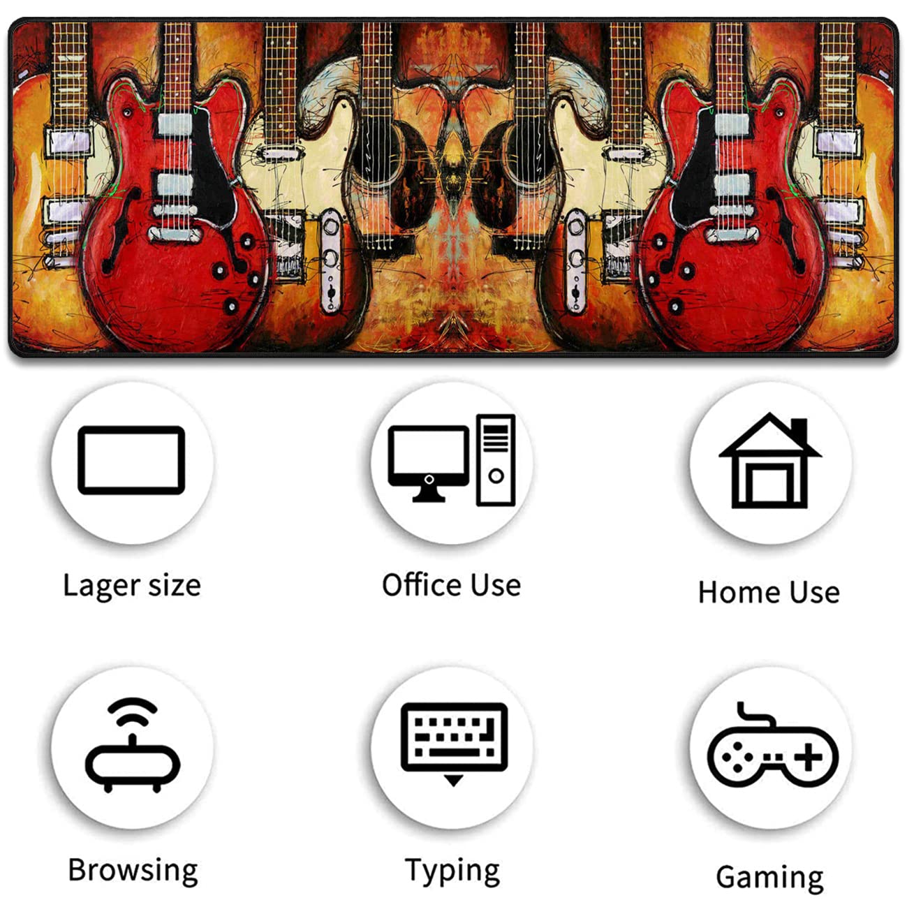 Extended Gaming Mouse Pad Desk Pad Keyboard Pad, Mouse Wrist Rest and Coaster, Anti-Slip Rubber Base Mouse Pad, Suitable for Gaming and Office, Guitar