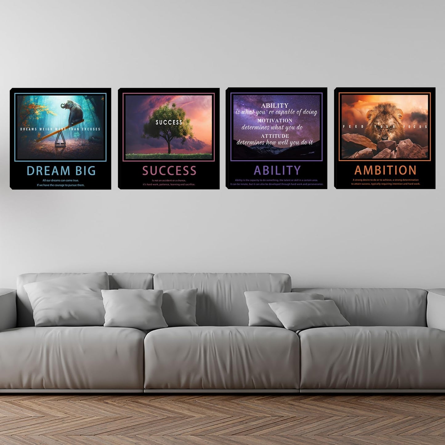Motivational Wall Decor Art Office Wall Decor Inspirational Wall Art Success Canvas Paintings Quotes Posters Wall Picture 4 Pieces Framed Artwork Living Room Bedroom Home Decoration 20"x20"x4pcs