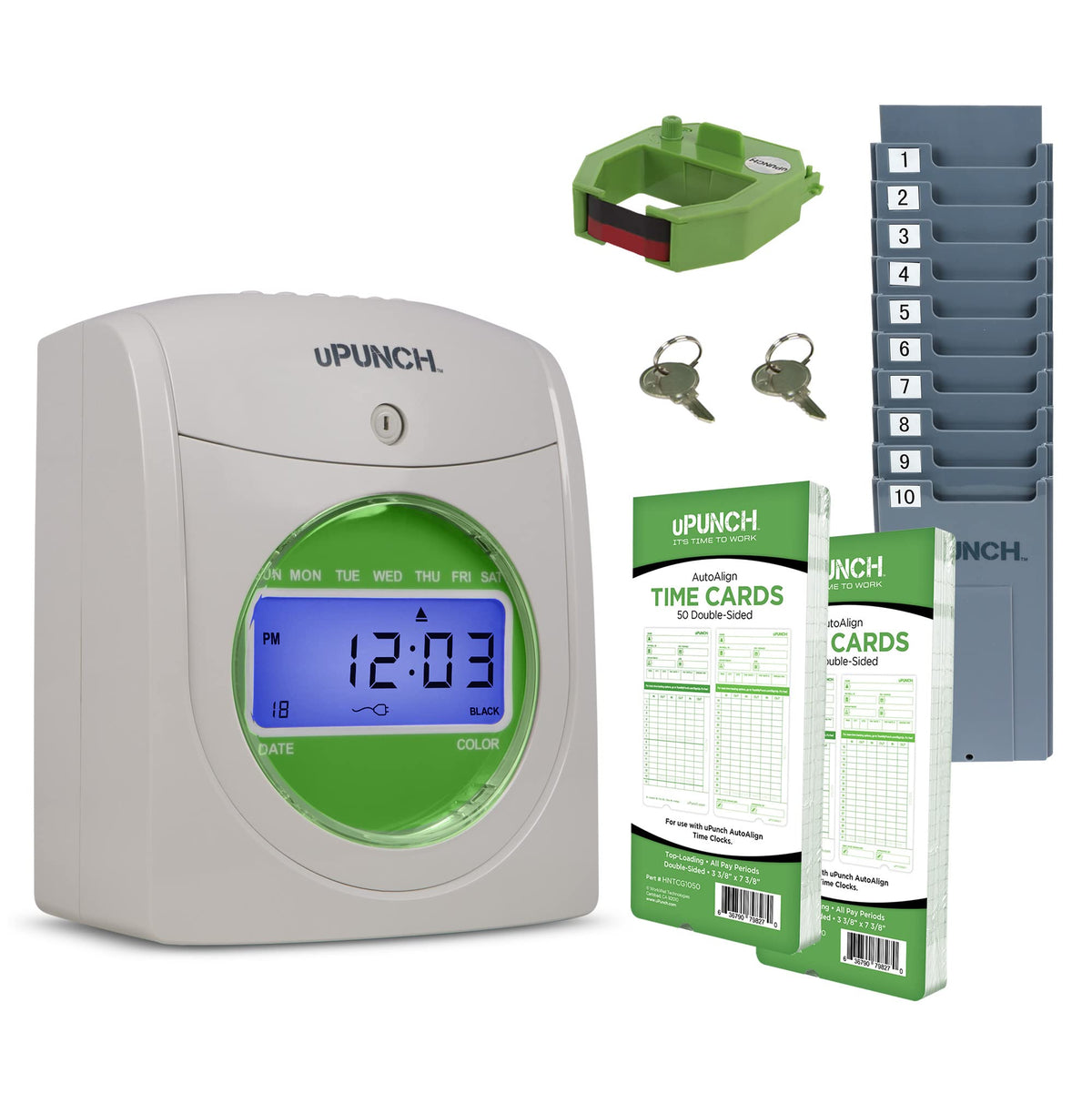uPunch HN1500 Starter Time Clock Bundle for Small Business: Employee Punch Clock System with 100 Time Cards, Card Rack, and Ribbon