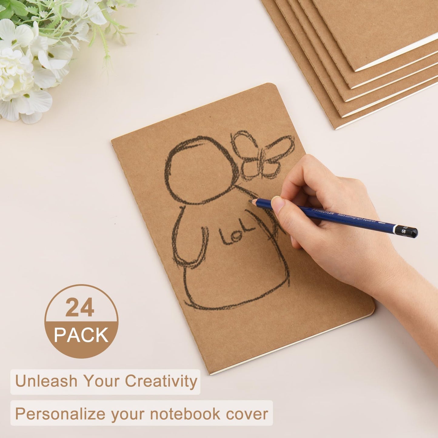 ZCZN 24 Pack A5 Kraft Notebooks Bulk, 8.15x5.5 Inches Lined Paper Journaling Notebooks, Notebooks for Work, Composition Notebooks for School, Journal Notebooks for Office, 60 Pages