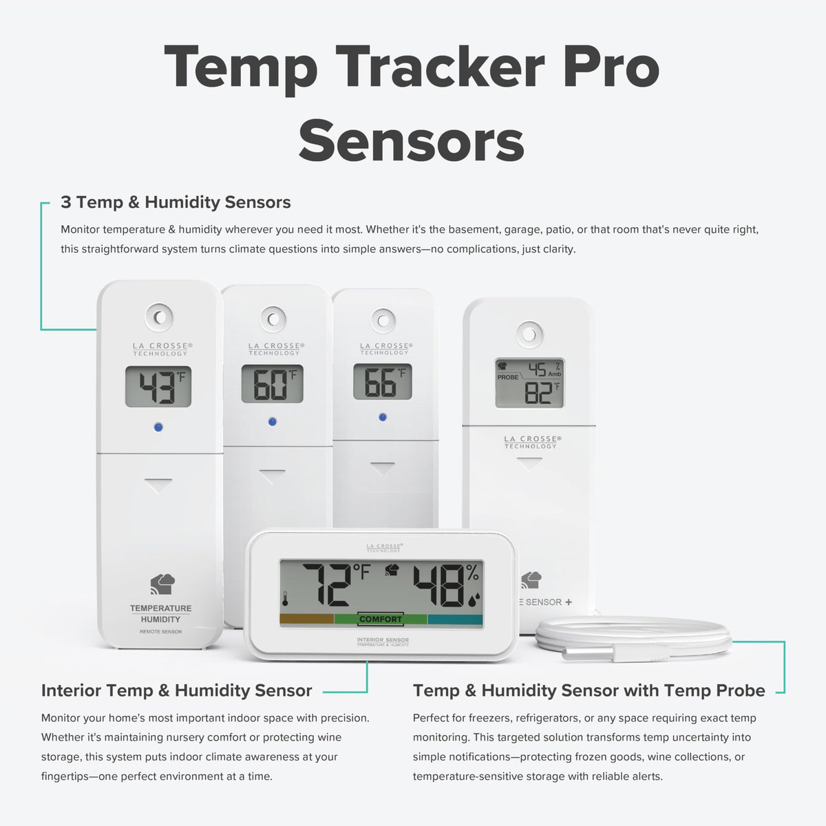 Temp Tracker Pro Wi-Fi Alert System: Bridge Gateway, 3 in/Out Temp. and Humidity, a Temperature Probe with Ambient Temp. and Humidity, Interior Temp. and Humidity Display with Comfort Meter
