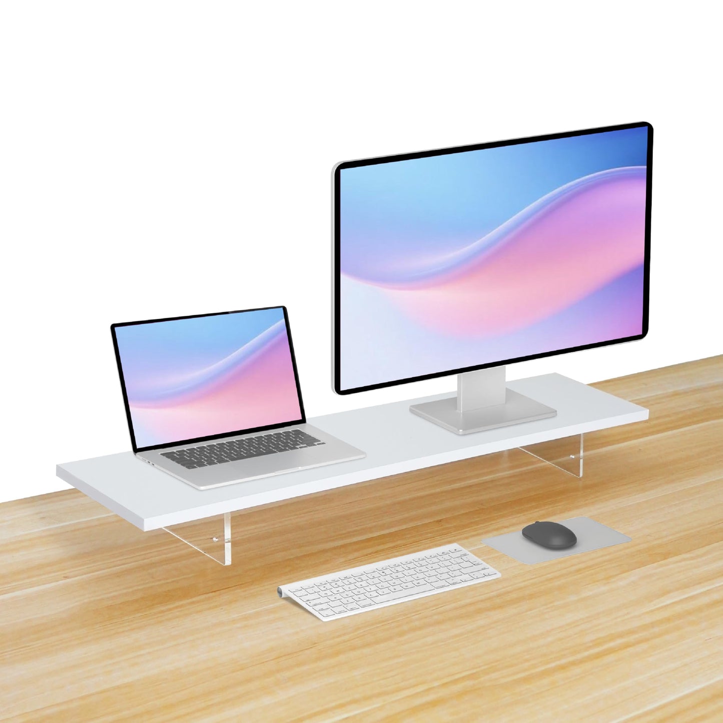 seicasaya Wood Monitor Stand Riser with Acrylic Legs, Computer Screen Stand Desk Organizer, 31.5 x 7.9 x 3.1 inch, Hold up to 66 lbs (White, 31.5"×7.9"×3.1")