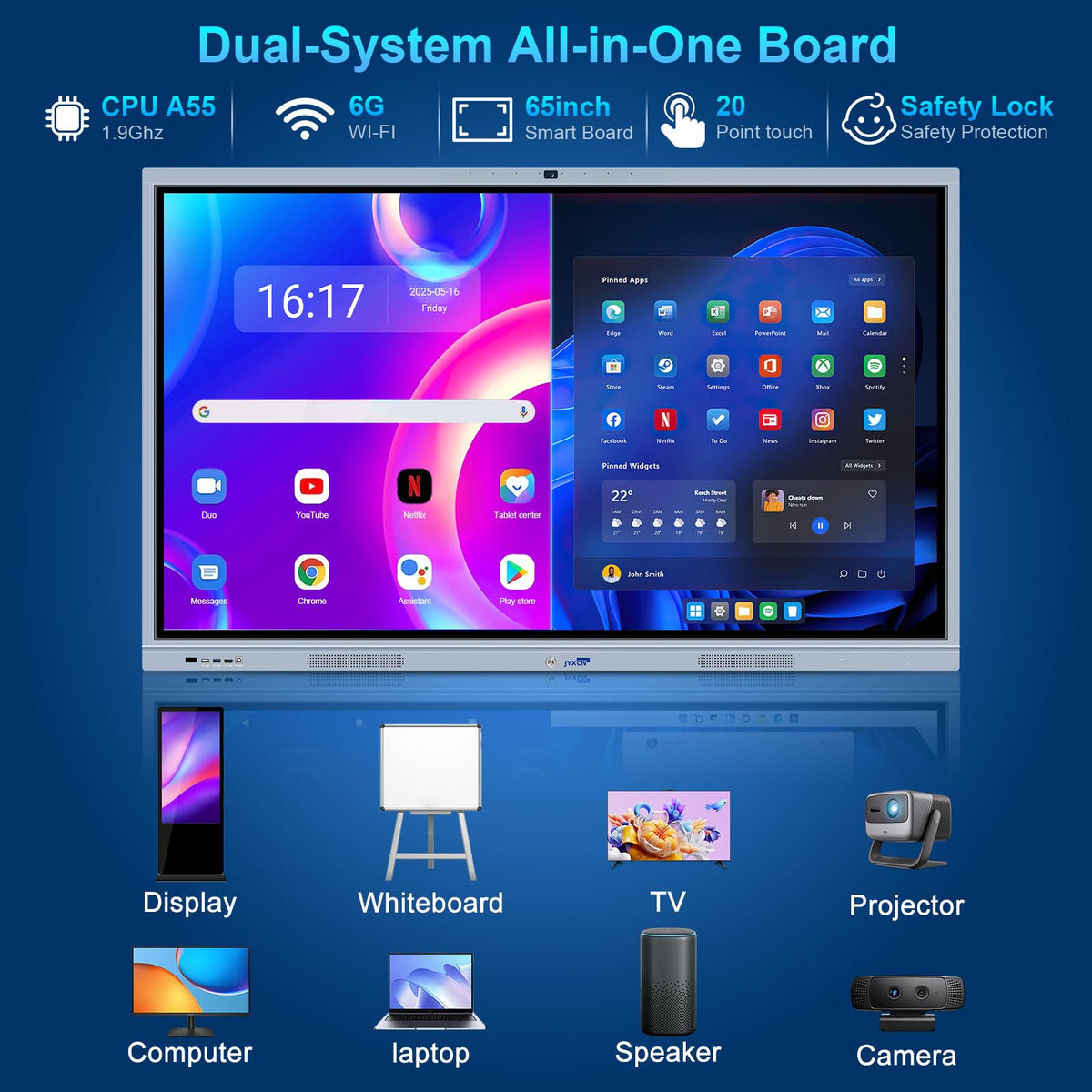 JYXCN 65" Smart Board, UHD 4K Interactive Digital Whiteboard Smartboard Android 11 & Windows 10 Dual System 8+256 GB & 20MP Camera | Touchscreen Electronic Smart Boards for Classroom Office Home
