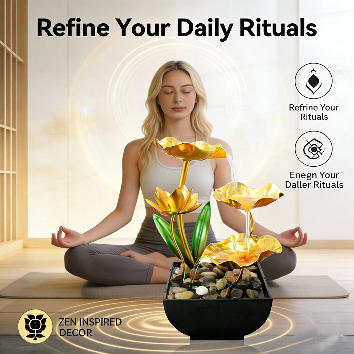 Qingyingge 11‘’ H Gold Tabletop Water Fountain, Zen Desktop Waterfall, Indoor Lotus Desktop Decorative Fountain, Home Bathroom Bedroom Decor.