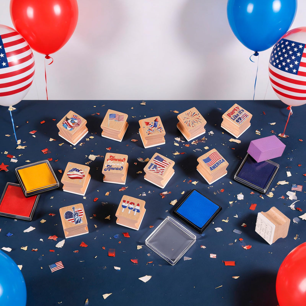 HOWAF USA Patriotic Wooden Rubber Stamps Set, 12pcs 4th of July Stamps Ink Pads for Independence Day DIY Crafts, 250 Years of Freedom Party Favors American Flag Inking Stamp Rubber Stamp