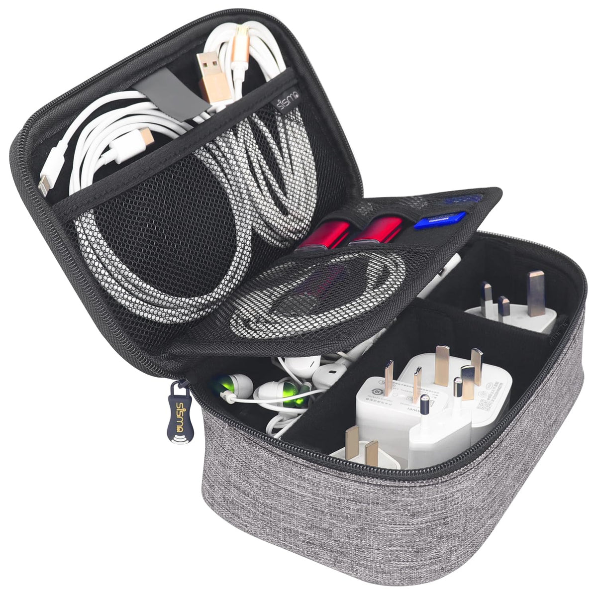 sisma Travel Electronics Organizer Small Carrying Case for Cables Phone Chargers USB Plugs Power Cords Earbuds Adapter Tech Accessories Pouch -Grey