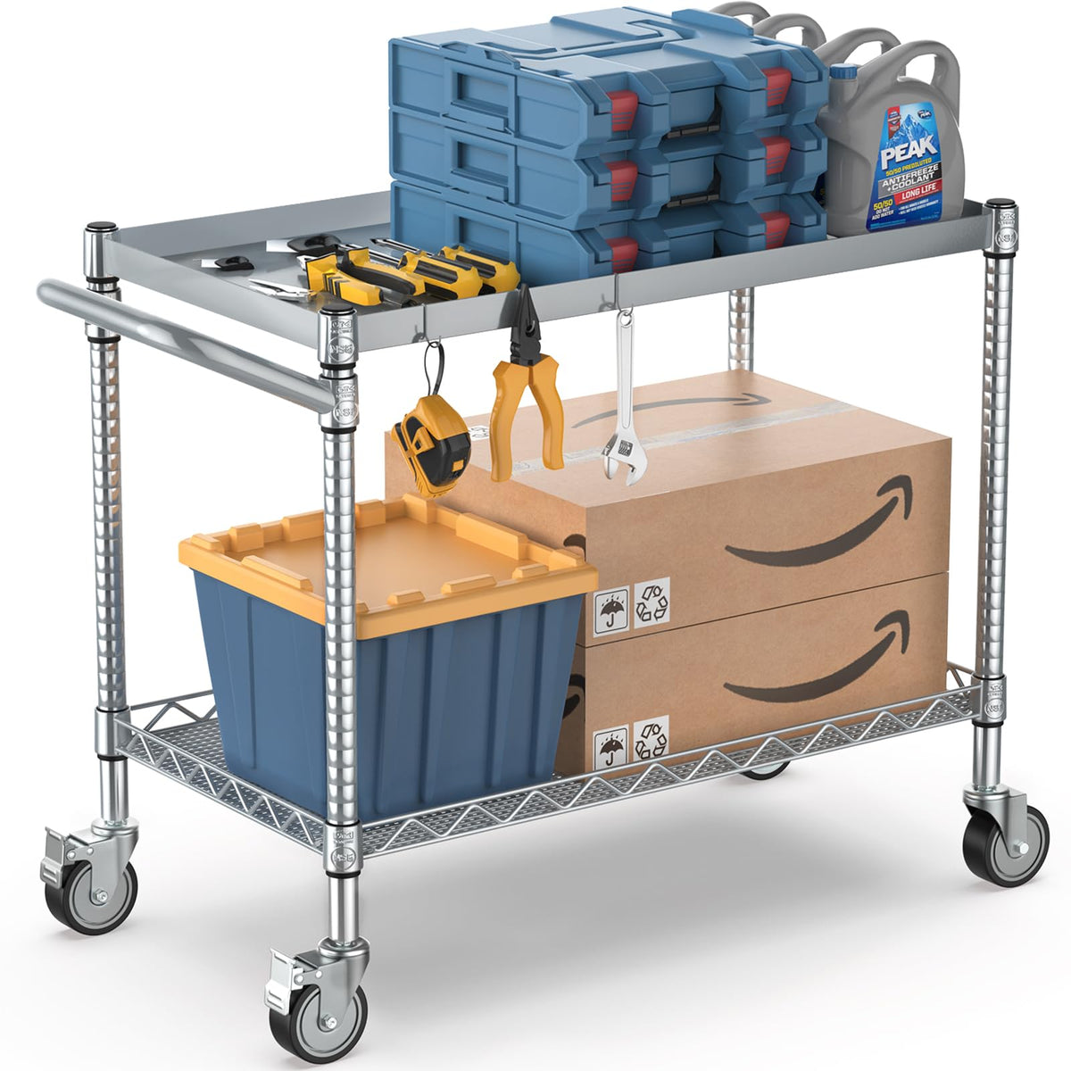 Leteuke 2 Tier Utility Tool Cart with Wheels, Heavy Duty Rolling Utility Carts with Handle, Commercial Grade Metal Serving Storage Cart for Warehouse Garage Kitchen, 25" D x 38.98" W x 40" H-Silver