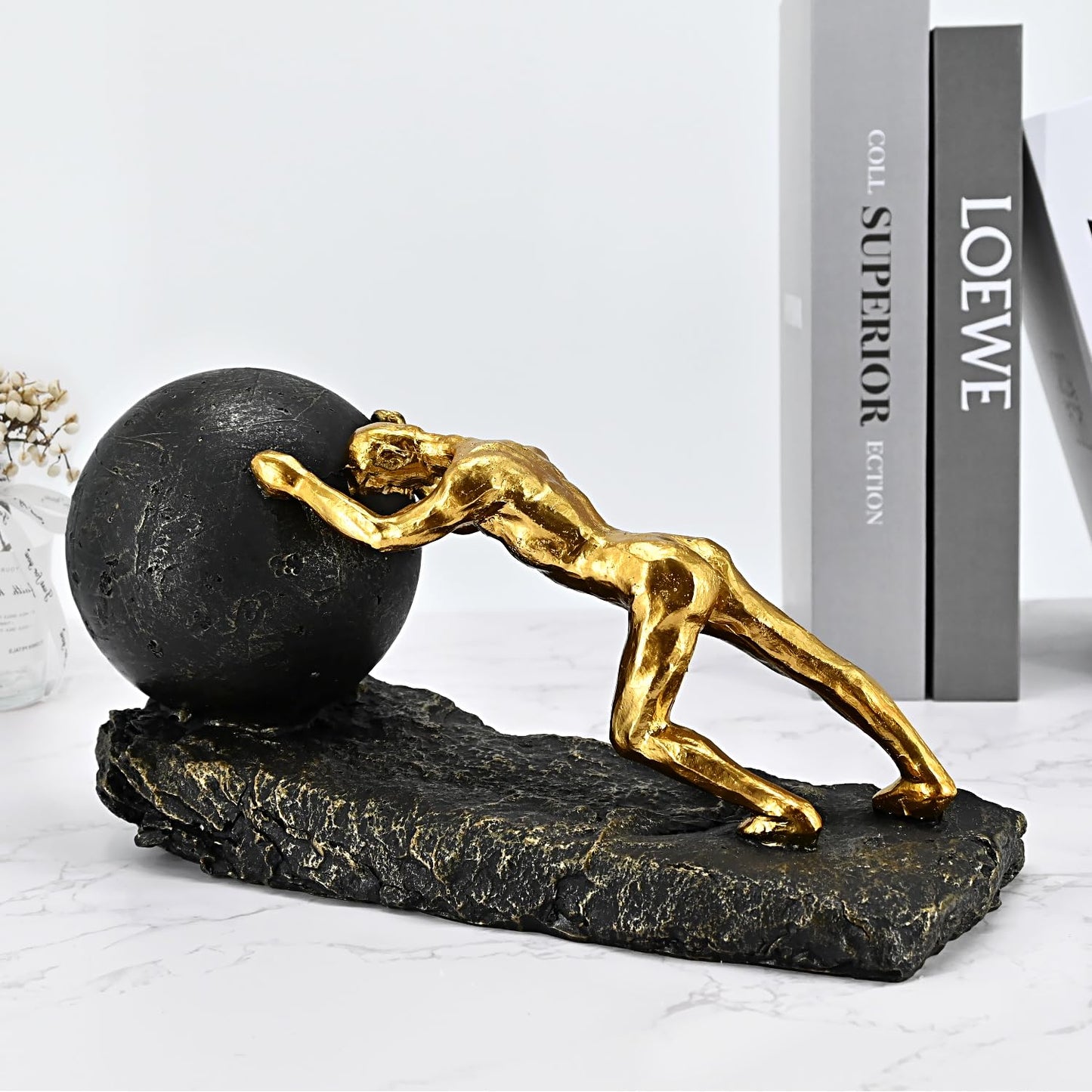 Juliahestia Modern Decorative Statues Apartment Decorations Contemporary Home Decor Sisyphus Rolling Boulder Sculpture Men House Living Room Aesthetic Man Cave Shelf Desk Masculine Office