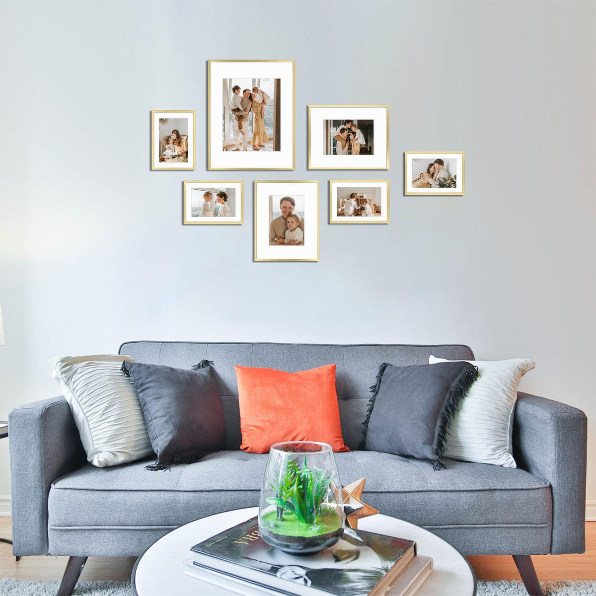 Golden State Art, Aluminum Gallery Wall Frame Set of 7 - Includes One 11x14, Two 8x10, and Four 5x7 - Metal Frames with Mat & Real Glass Cover for Elegant Home or Office Decor (Style 2, Gold)