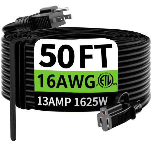 HUANCHAIN Indoor Outdoor Black Extension Cord 50 ft Waterproof, 16/3 Gauge Flexible Resistant Appliance Extension Cord Outside, 13A 1625W 16AWG SJTW, 3 Prong Electric Cable, ETL Listed