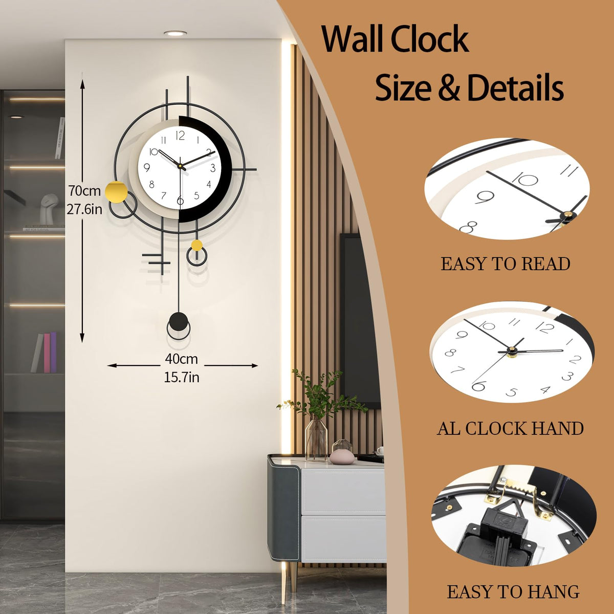 FLEBLE Large Wall Clock Decorative Modern Clock with Pendulum Silent Non-Ticking Battery Operated Black Metal Clock Wall for Living Room Kitchen Bedroom Office Home Decor, 15.7x27.6inch