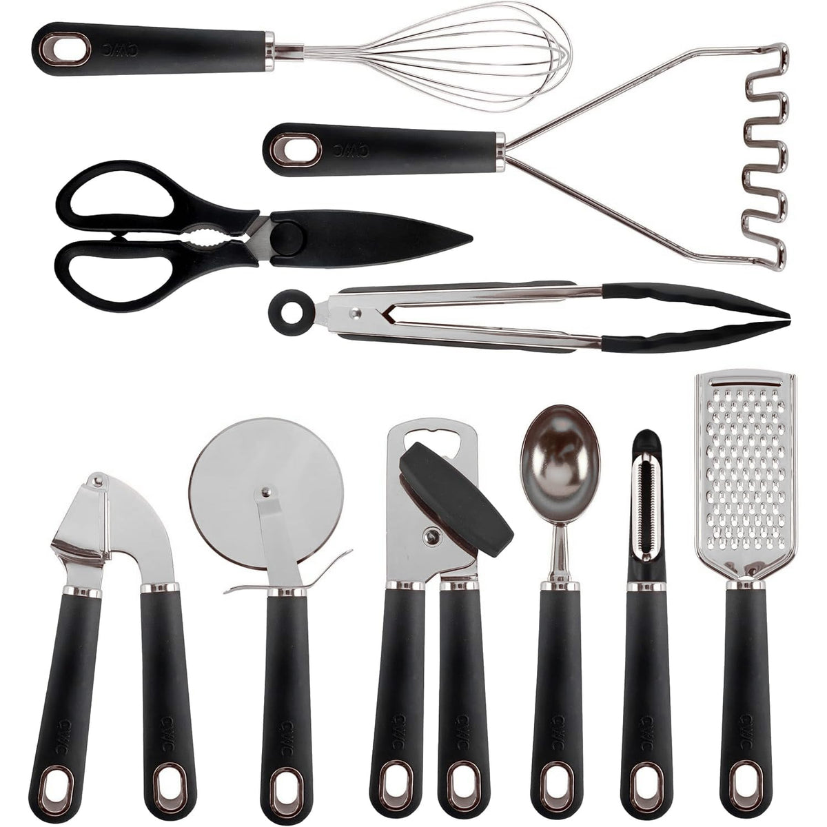 COOK WITH COLOR Kitchen Gadget Set Stainless Steel Utensils with Soft Touch Handles, 7 Pieces, Stainless Steel Black