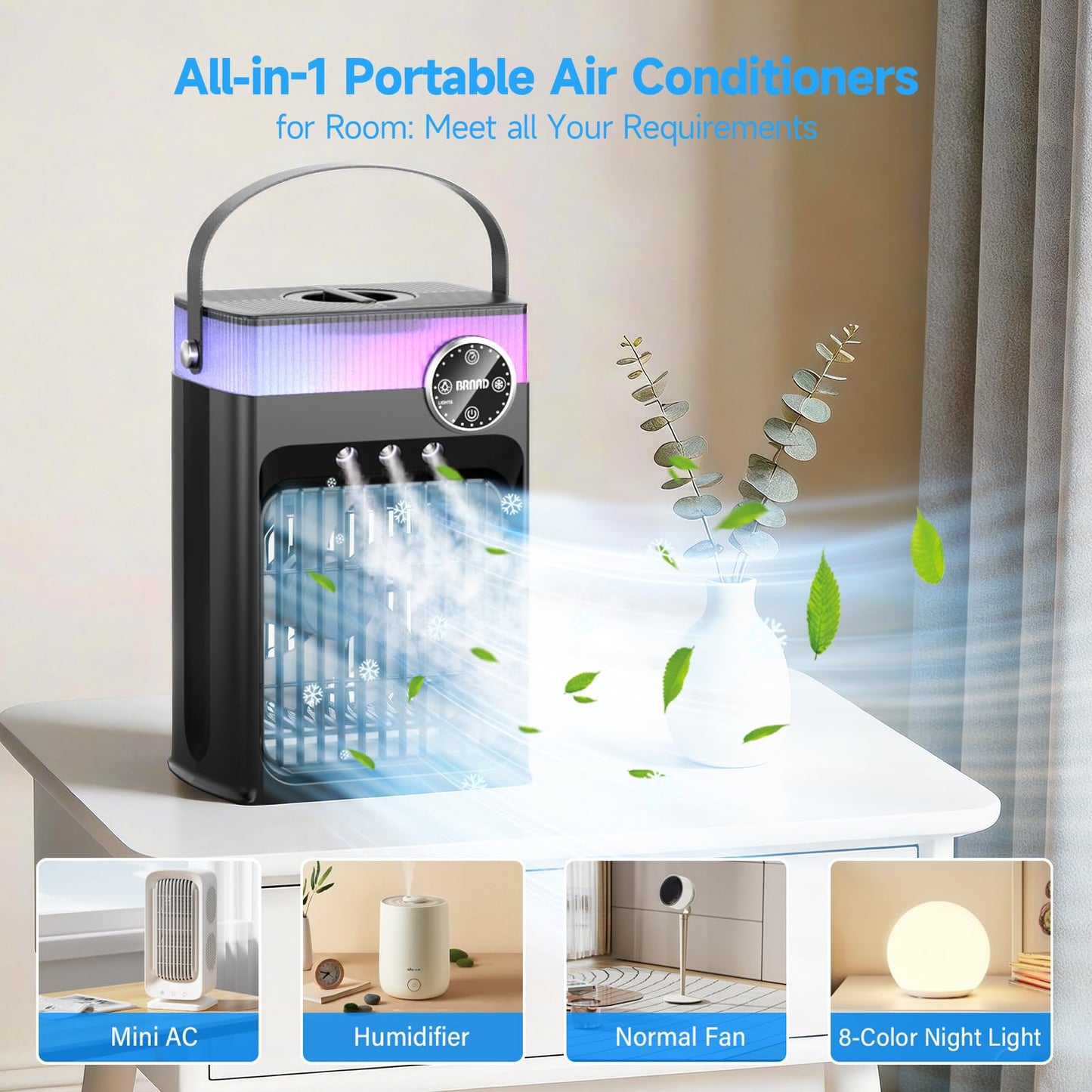 Portable Air Conditioners, 4 in 1 Evaporative Air Cooler with 1200ML Tank, Queit Cooling Fan with Remote Control, 2-8H Timer, 3 Modes & 8 LED Lights, Personal AC Unit for Bedroom, Office and Camping