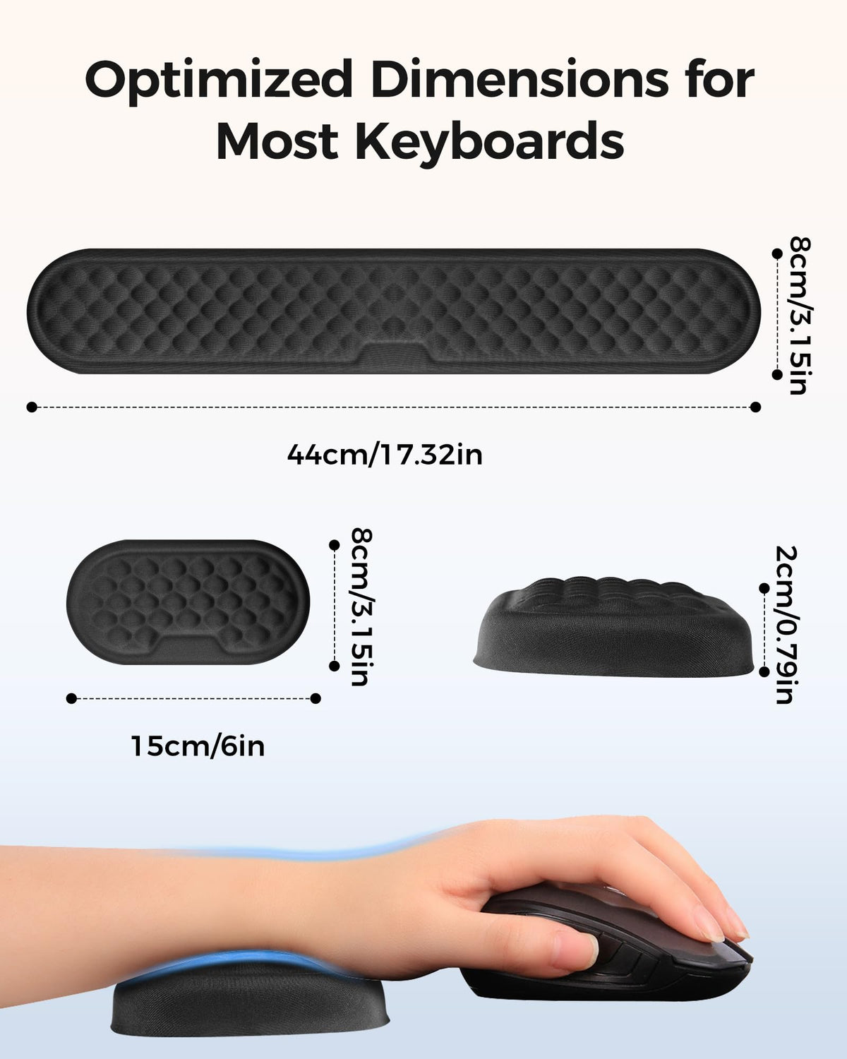Wrist Rest Set for Keyboard and Mouse, Ergonomic Wrist Support with Memory Foam, Silky Lycra Cover, Non-Slip Base, Helps Ease Wrist Pressure and Fatigue During Long Typing and Gaming Sessions (Black)