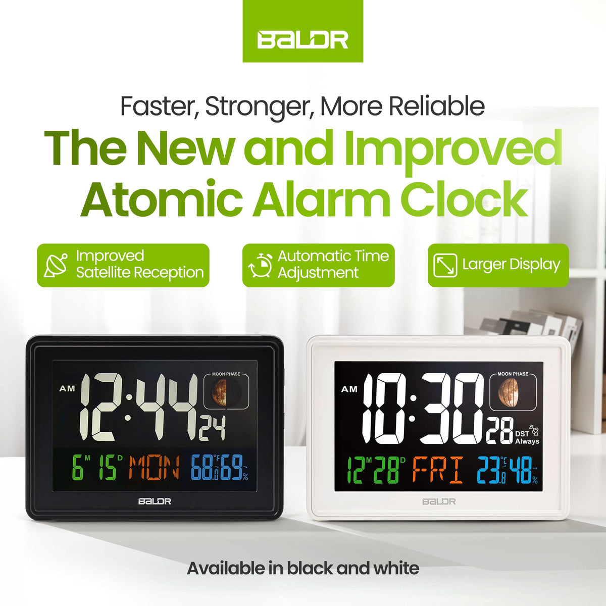 Baldr Atomic Clocks for Bedrooms Digital Large Display - White - Desk Clock with Temperature Indoor and Humidity, Night Stand Clock, Moon Phase Clock, Alarm Clocks for Living Room, Digital Clock Wall
