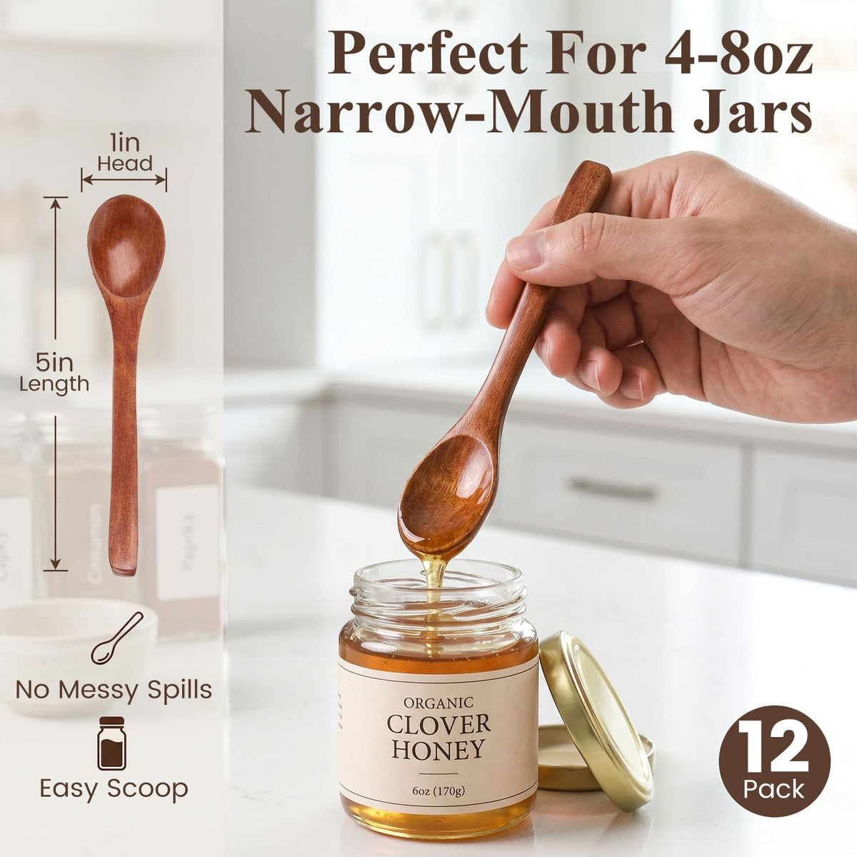 HANSGO 12PCS Small Wooden Spoons, 5 Inches Honey Spoon for Tea Coffee Jam Bath Sugar Salts Spices Condiment, Kitchen Stocking Stuffers (Dark Brown)