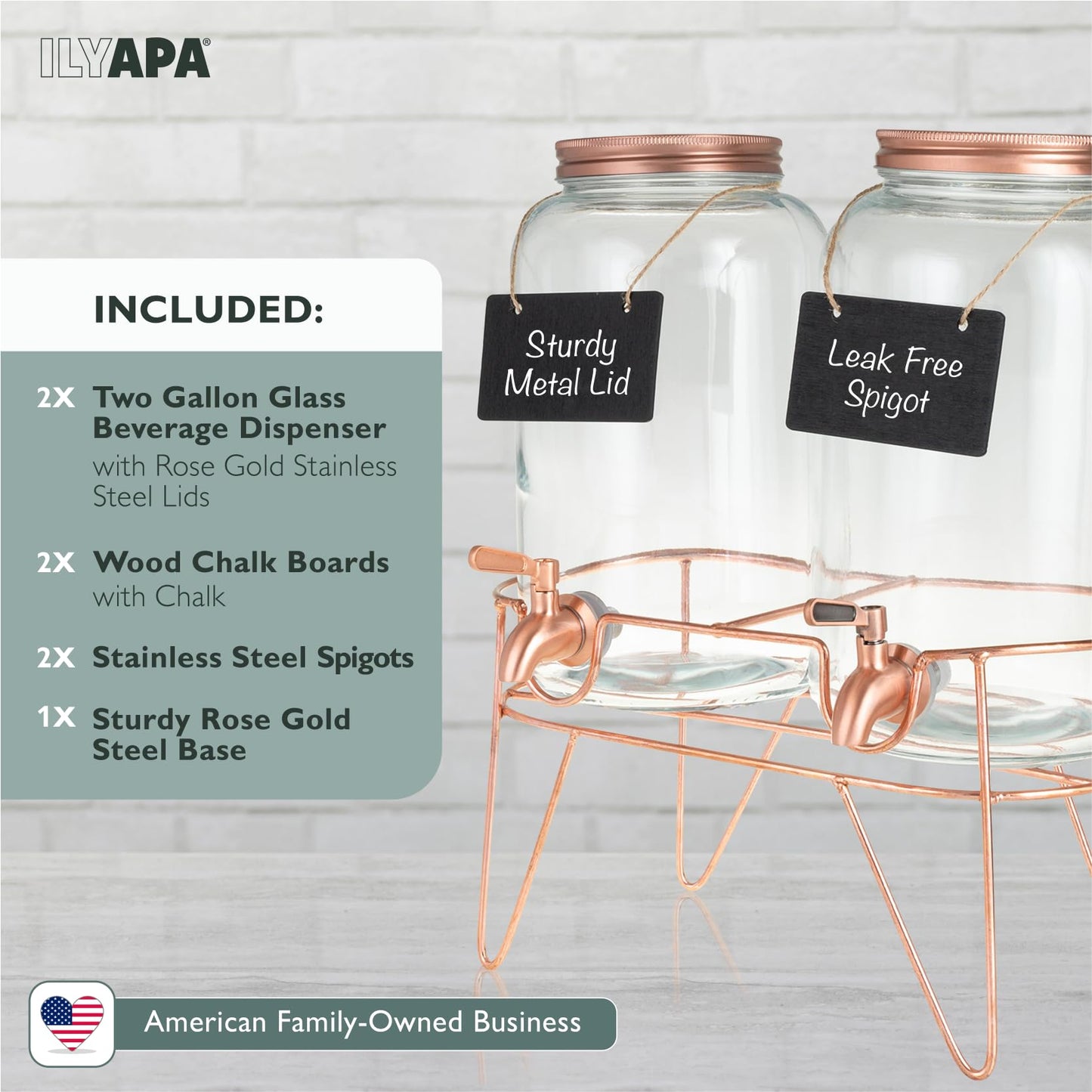 Ilyapa Rose Gold Double Glass Beverage Dispenser with Stand - 2 Gallon Large Drink Dispensers for Parties with Stainless Steel Spigot For Drinks