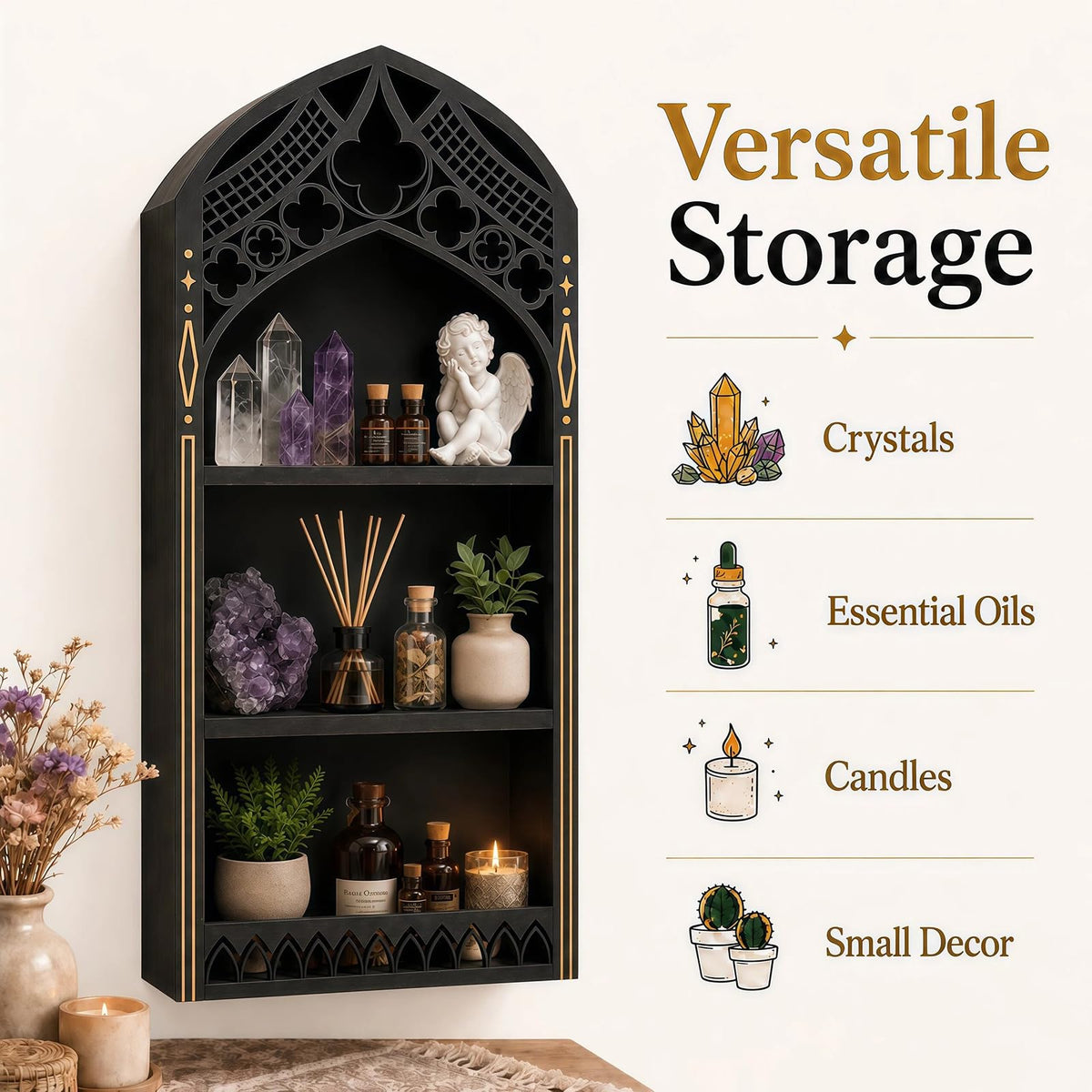 HBSGS Gothic Window Crystal Display Shelf, 1.96" Deep Wooden Wall Mounted Gemstone Crystal Holder, Witchy Decor Trinket Organizer for Healing Stones -2026 Upgraded (Window-7.9" W x 15.7" H)