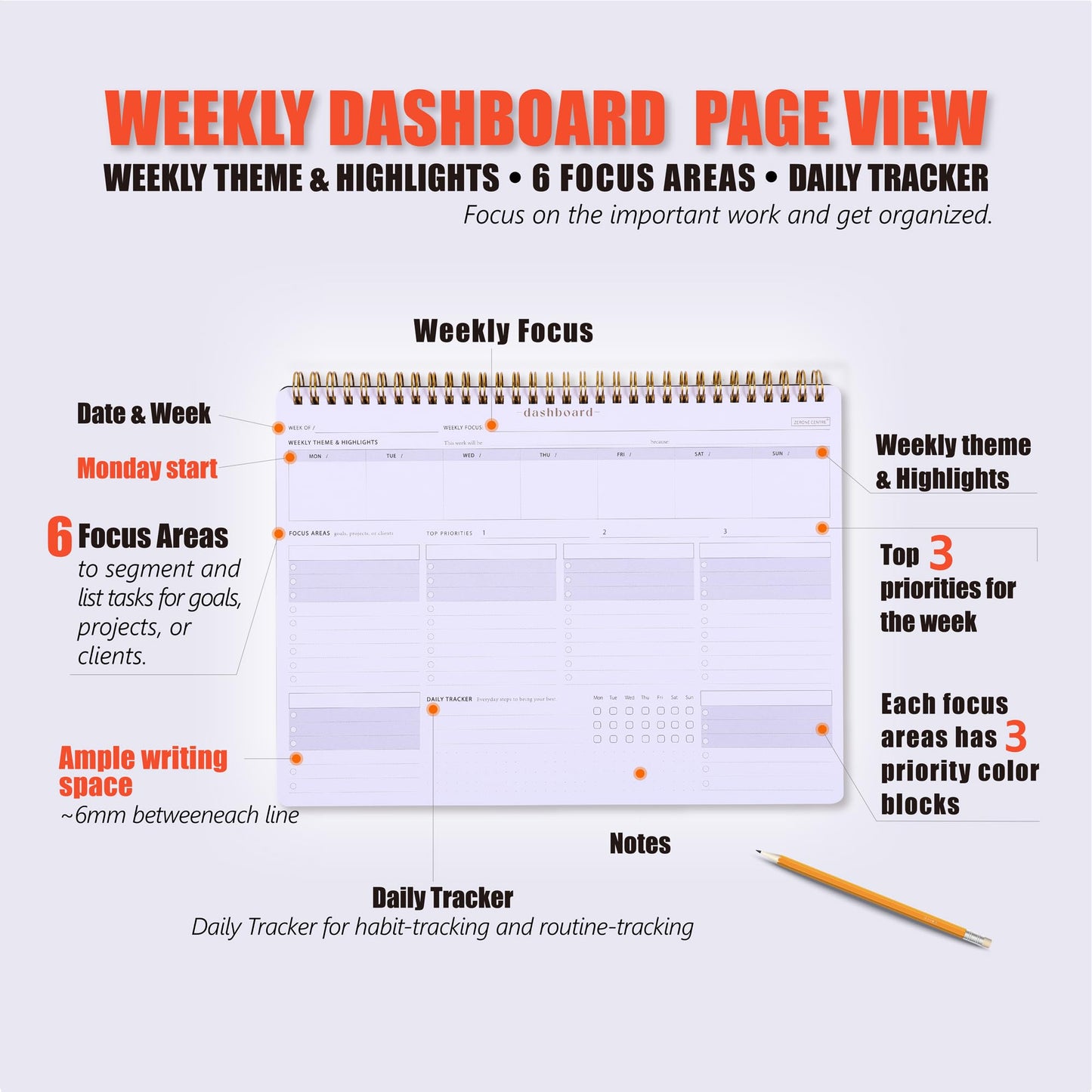 Weekly Desk Planner Monday Start - Dashboard Desk Pad Ideal for Project Manager, Business Owner, Freelancer, and Multitaskers to Achieve Goals - Spiral Productivity Journal