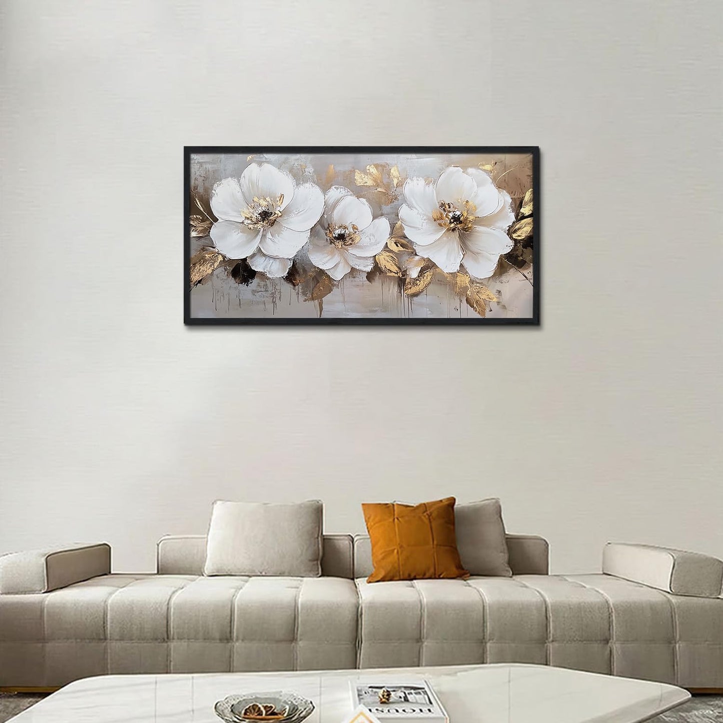 Large Framed Cream White and Gold Abstract Floral Paintings Modern Canvas Wall Art Flower Print Artworks for Home Office Decor