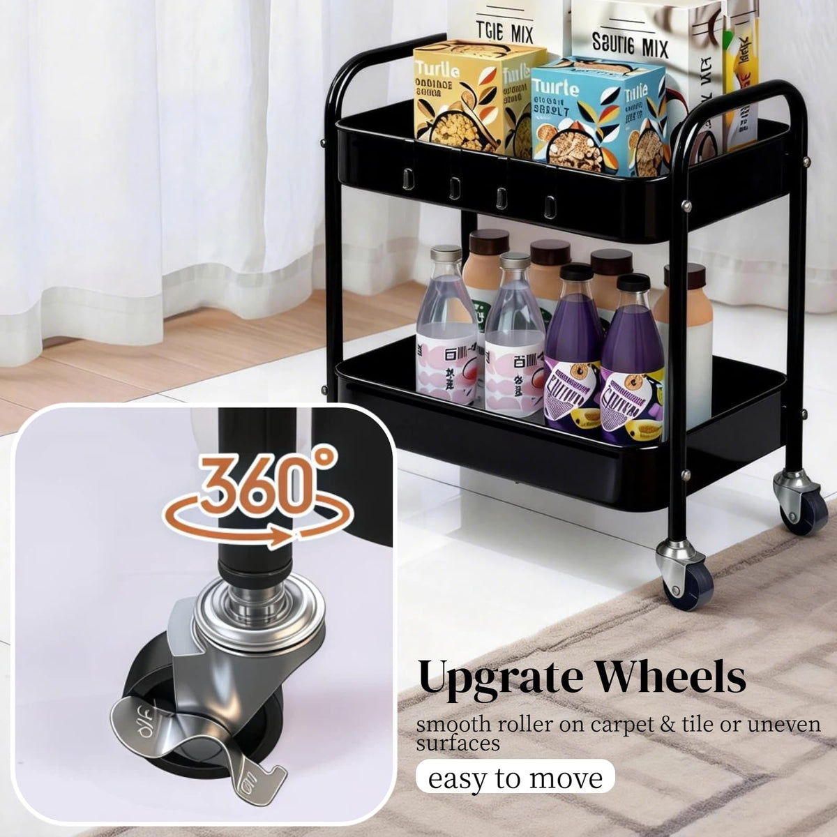 Ufriandz 2 Tier Metal Rolling Utility Cart with Wheels Under Desk Storage Cart with Handle, Roll Around Organizer Trolley for Small Space Pantry Bathroom Home Kitchen Office Snack Baby Supplies, Black