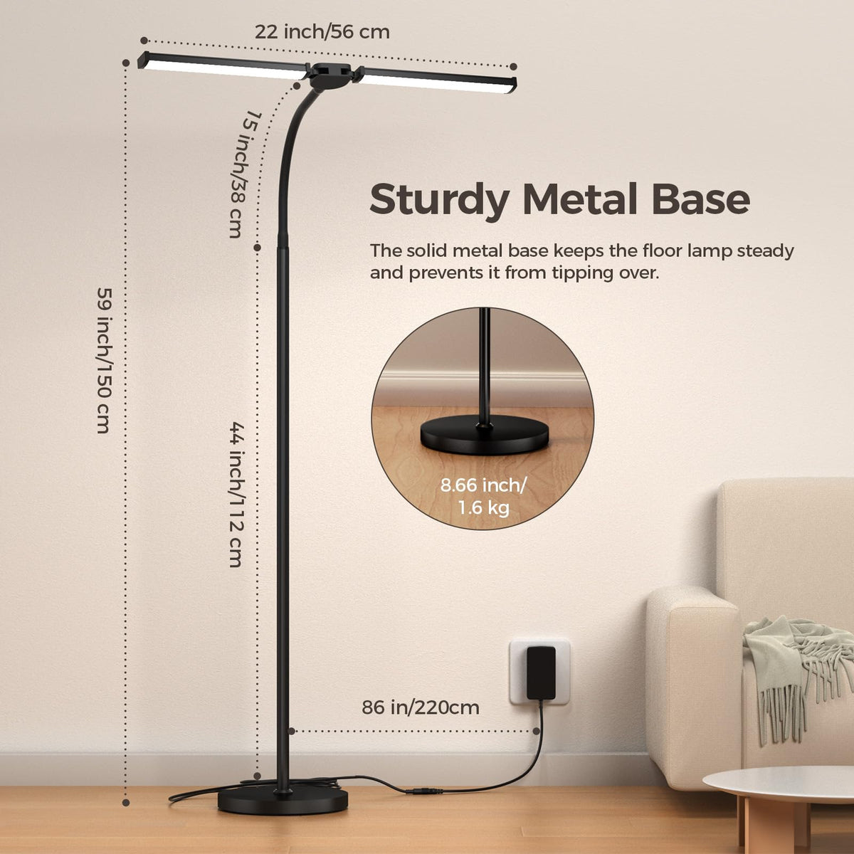 LED Floor Lamp for Living Room, Bright Reading Lamps for Office, Adjustable Colors Temperatures&Brightness, Dual Head Goose-Neck Standing Lamp, Remote and Button Control, Eye Caring Tall Lamp, Black