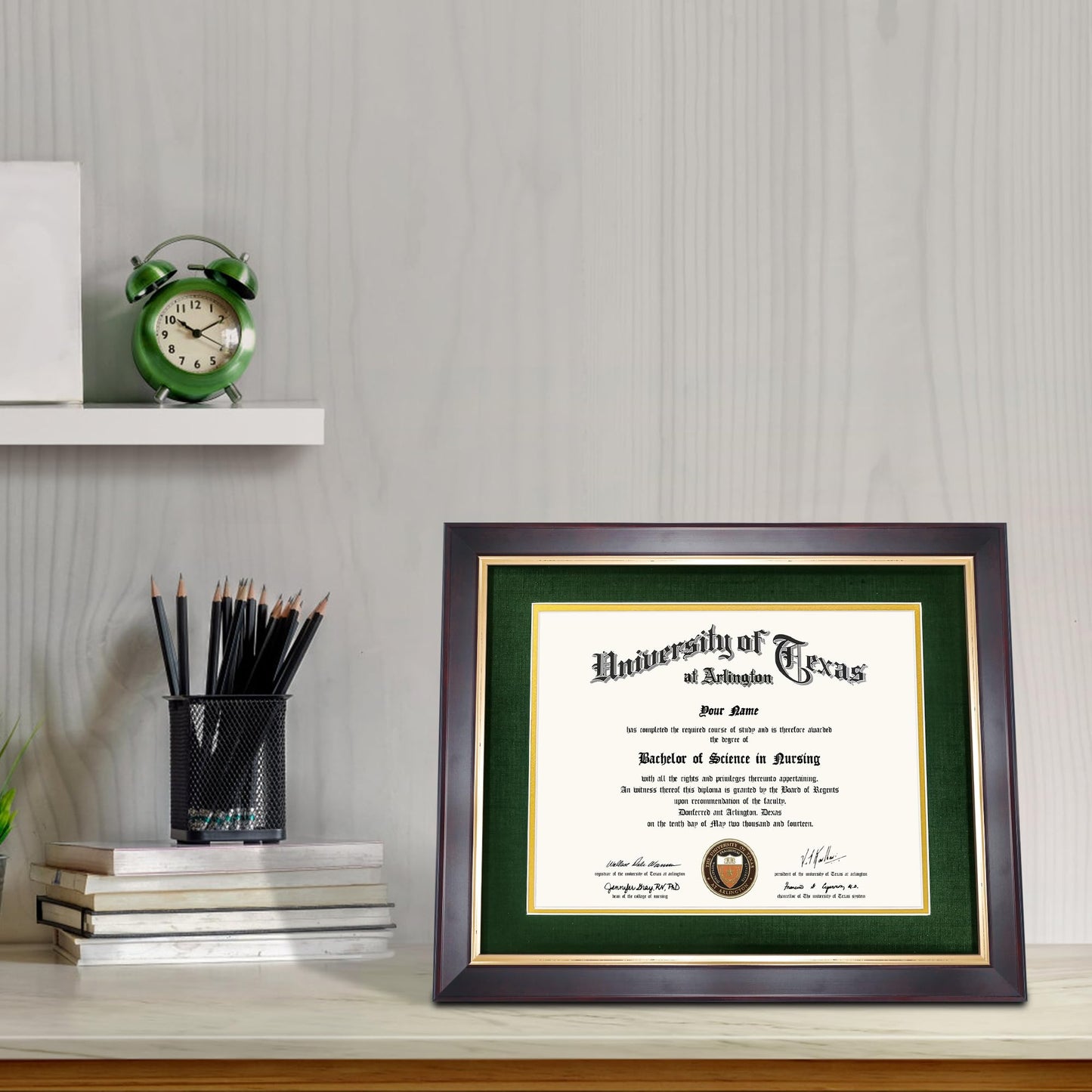 GMFrames 8.5x11 Wood Diploma Frame with Green Mat or Display 11x14 Certificates without Mat,Tempered Glass,Deep Brown Finish with Gold Trim
