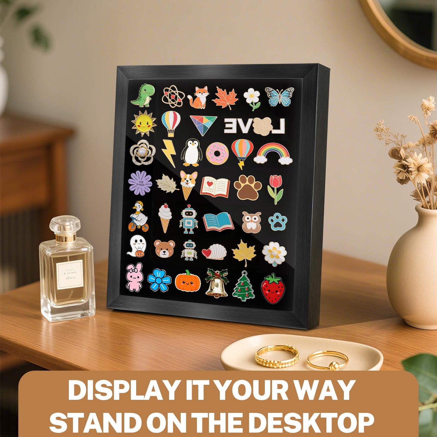 Pin Display Case, Enamel Pin Collection Display, 11" X 13" Shadow Box for Wall and Tabletop Display, Pin Holder