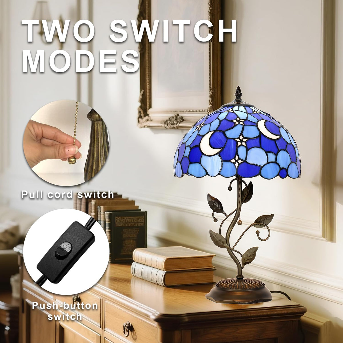 TFNTCYG Tiffany Style Table Lamp,Stained Glass Moon Table Lamp,12X12X19 Inch Reading Light, Metal Leaf Base Antique Glass Desk Decor Lamp.
