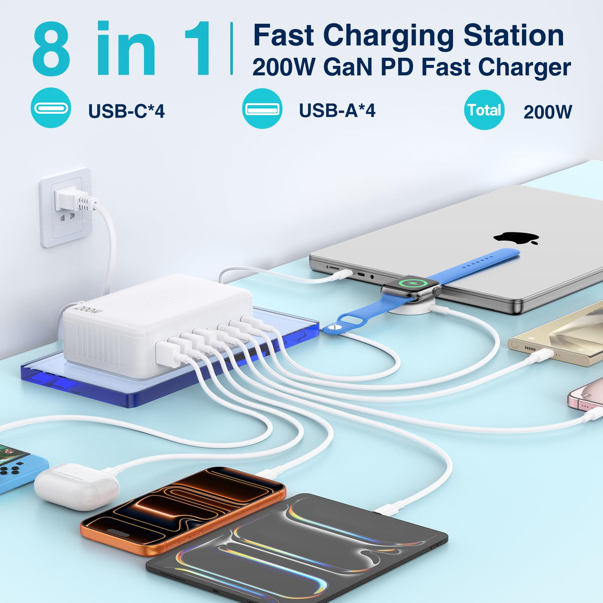 QZIIW 200W GaN III USB C Charging Station, 8-Port (4C+4A) Fast Charger Hub, Universal Wall Charger Block for iPhone 17/16/15/14 Pro Max, iPad, Samsung Galaxy Note, Pixel, Laptops & More