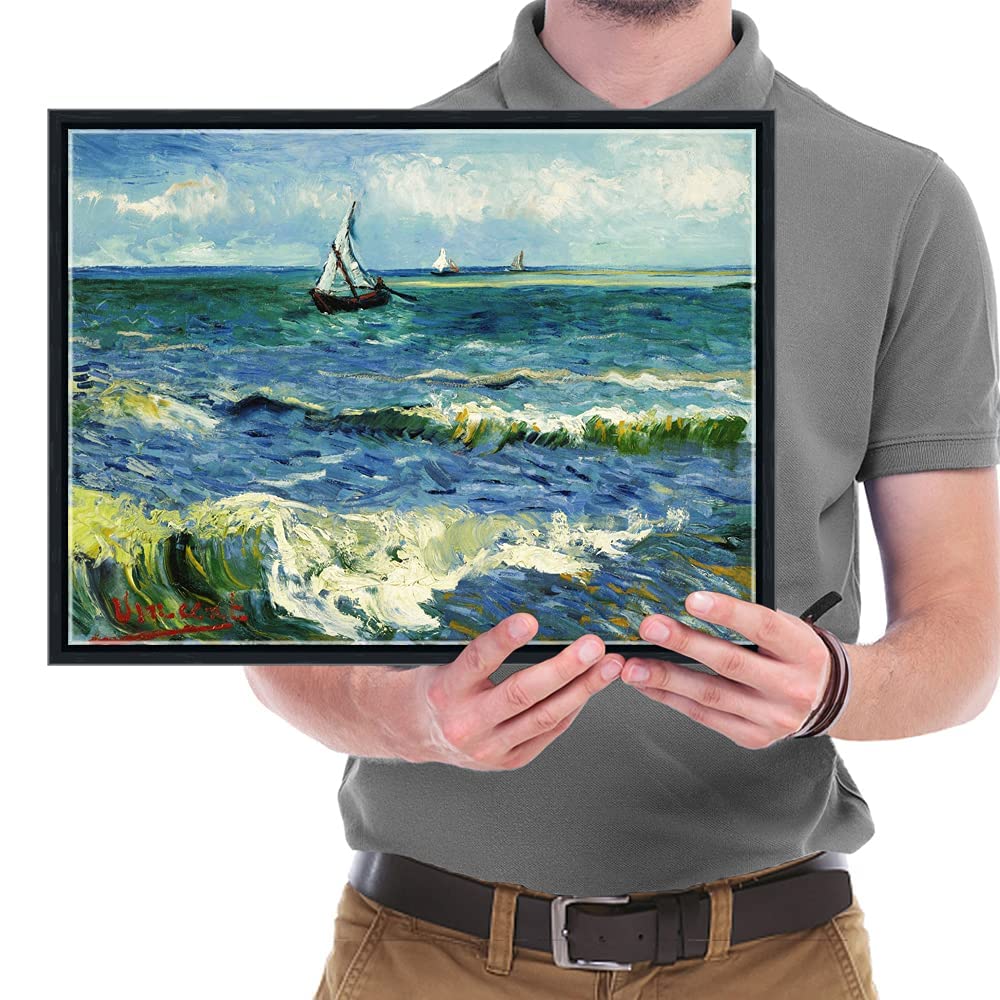Wieco Art Framed Wall Art Canvas Prints Seascape at Saintes Maries by Vincent Van Gogh Modern Giclee Canvas Prints Sea Pictures on Canvas Wall Art for Living Room Home Decorations Black Frame