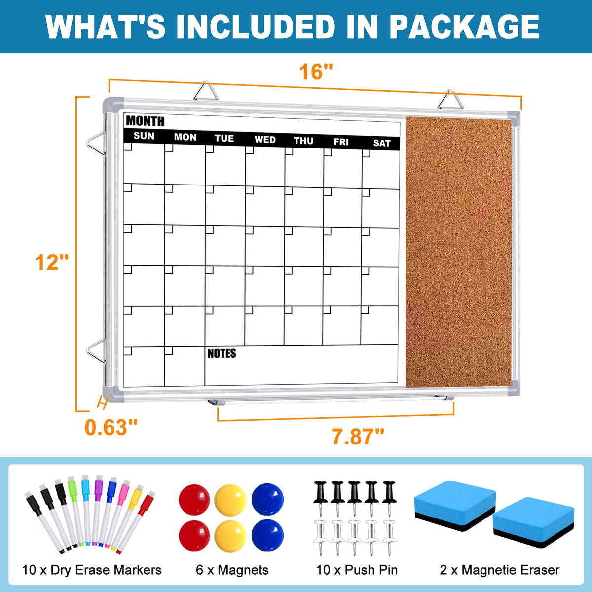 YUYIUS Calendar Whiteboard for Wall, 16" x 12" Double Sided Monthly Dry Erase Board Calendar for Office, Home, School, Hanging Cork Board White Board Combo, Portable Magnetic Dry Erase Planner Board