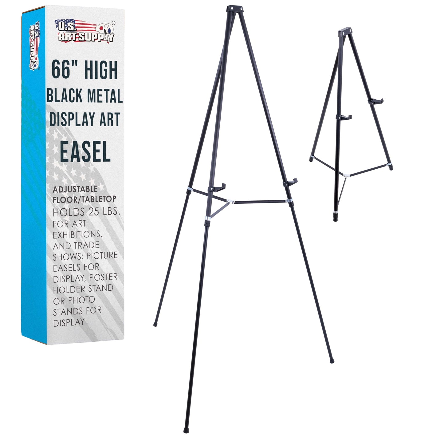 U.S. Art Supply 66" High Black Metal Display Art Easel - Large Adjustable Height Portable Easel Stand, Sign Display, Holds 25 lbs - Floor & Tabletop Easels, Sign Stand