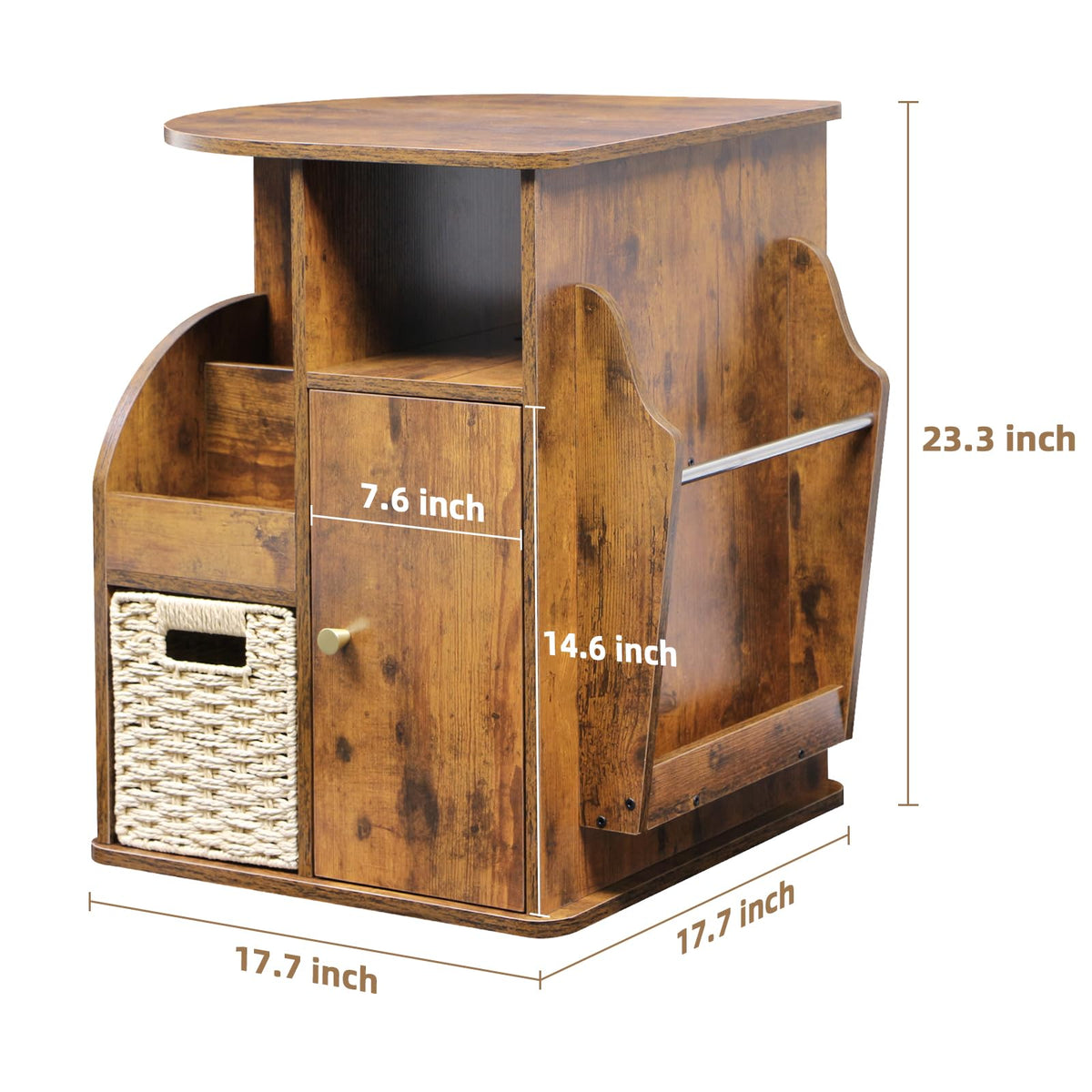 TooCust Rotating End Table with Storage, Swivel Side Table Living Room, Side Table with Magazine Holder, Basket and Cabinet, Sofa Side Farmhouse End Tables with Open Shelf (Rustic Brown)