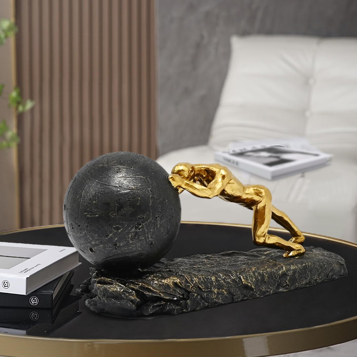 Juliahestia Modern Decorative Statues Apartment Decorations Contemporary Home Decor Sisyphus Rolling Boulder Sculpture Men House Living Room Aesthetic Man Cave Shelf Desk Masculine Office