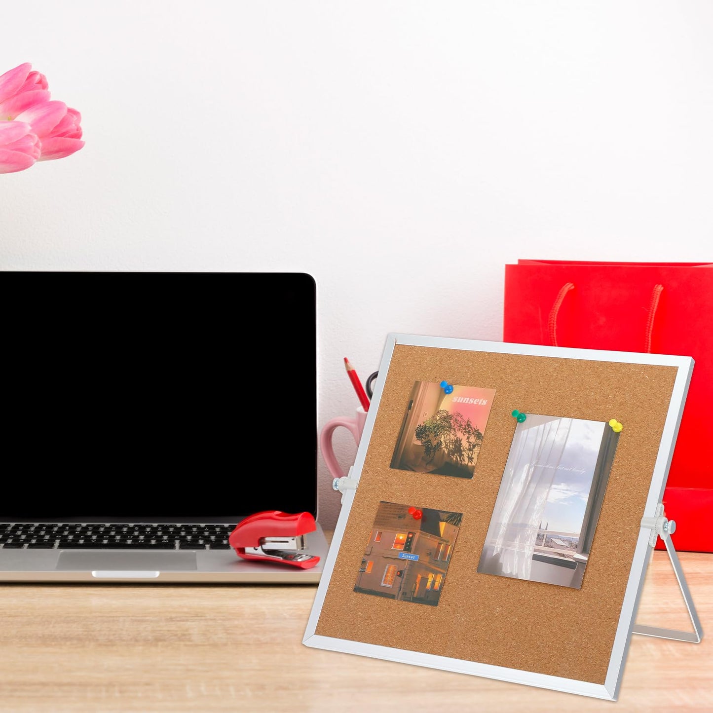 2 Pack Cork Board Bulletin Board, Double Sided Pin Board with Silver Aluminum Border, Desktop Small Cork Board with Stand Suitable for Home, Office, Desk Message Board or Picture Board 9.8"×9.8"