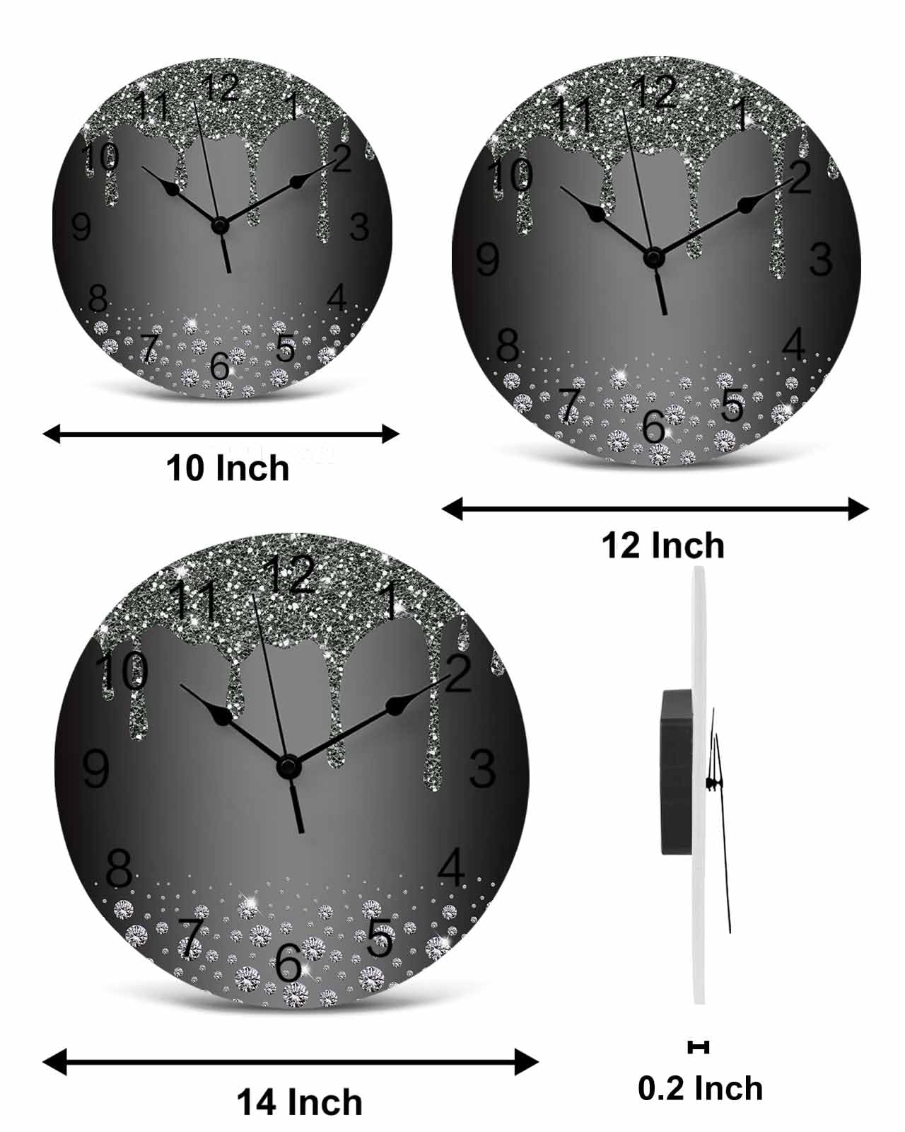 LooPoP Wall Clock Black Diamond Clocks PVC Silent Non-Ticking Battery Operated Decorative Luxury Bling Water Drop Round Clock for Home Living Room Kitchen Bedroom Office School Wall Decor 10 Inch