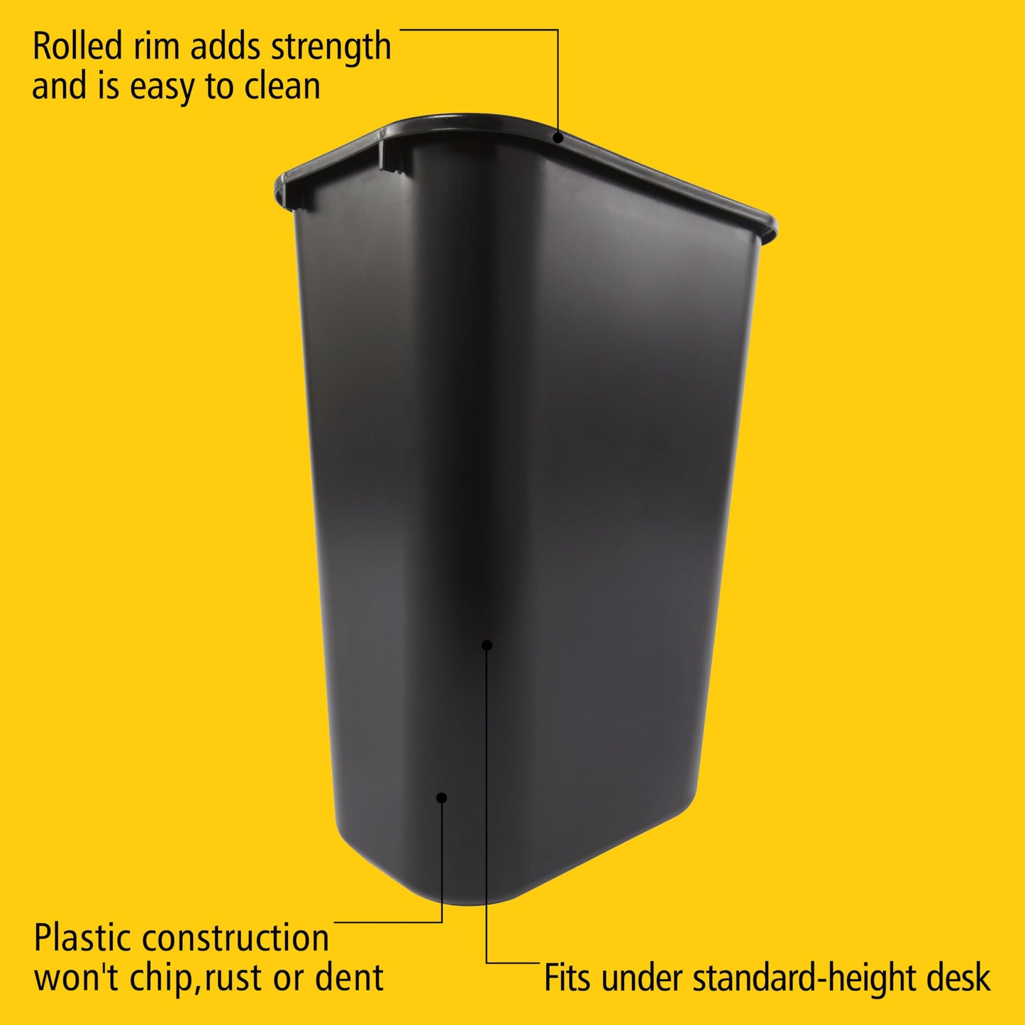 Rubbermaid Commercial Wastebasket Trash Container, 41QT/10.25 GAL, Plastic, Black, Stackable Trash Can for Bedroom/Bathroom/Office, Fits Under Desk/Sink/Cabinet