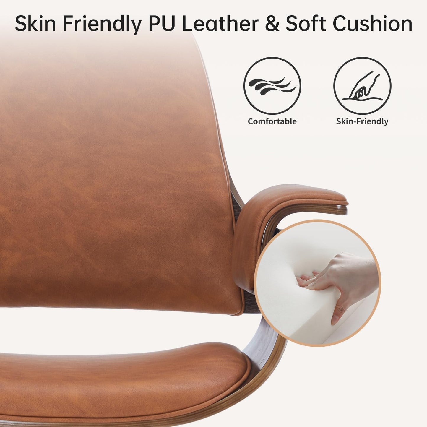 Mid Century Modern Home Office Chair,Ergonomic U-Shape Mid Back Executive Chair,Adjustable Height Swivel Computer Chair with Walnut Finish&PU Leather,Accent Chairs for Study Bedroom Workspace(Brown)