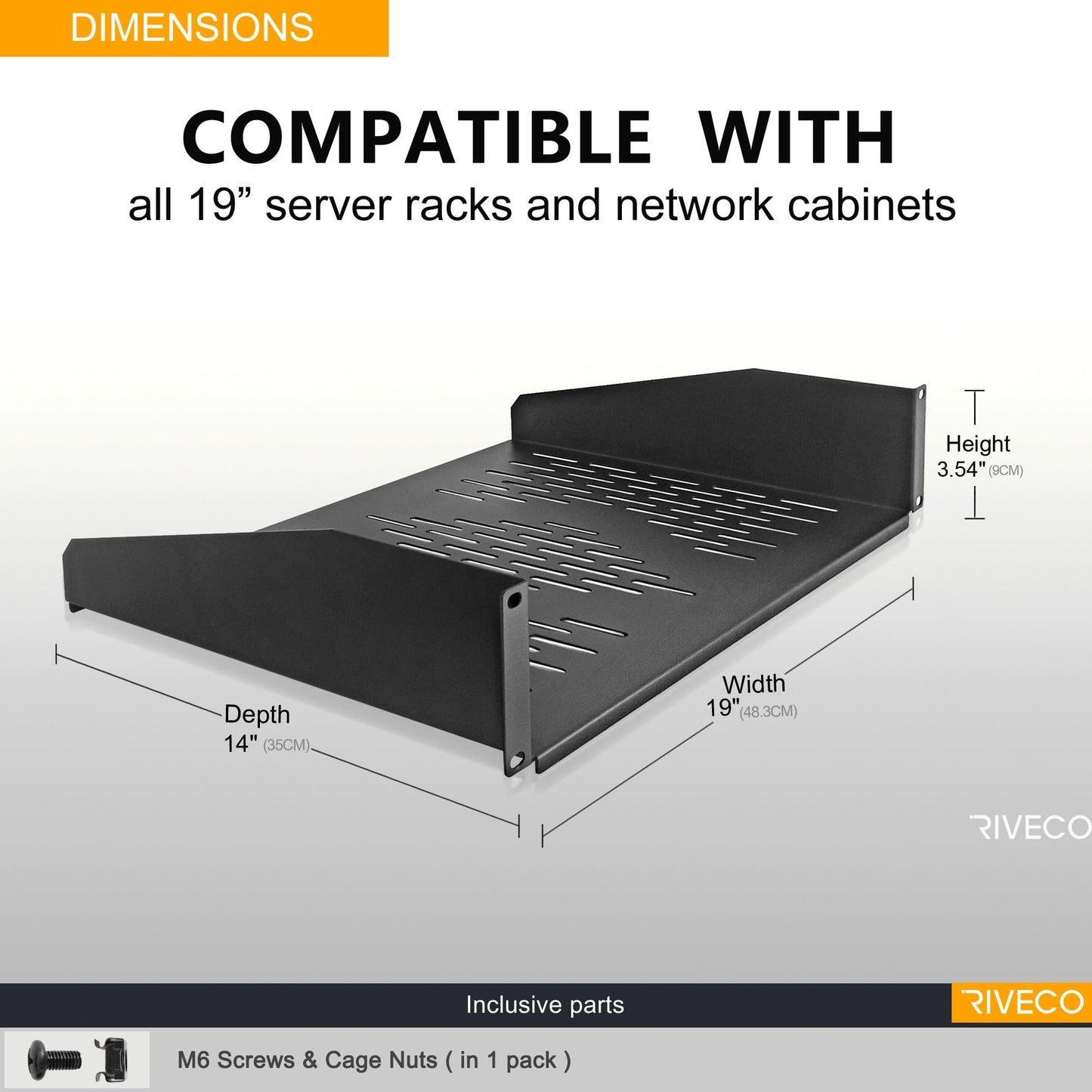 RIVECO 19” 2U Rack Shelf Server Cabinet Mount Vented Cantilever Tray for Network Equipment, 14 Inches 35 CM Depth, Black