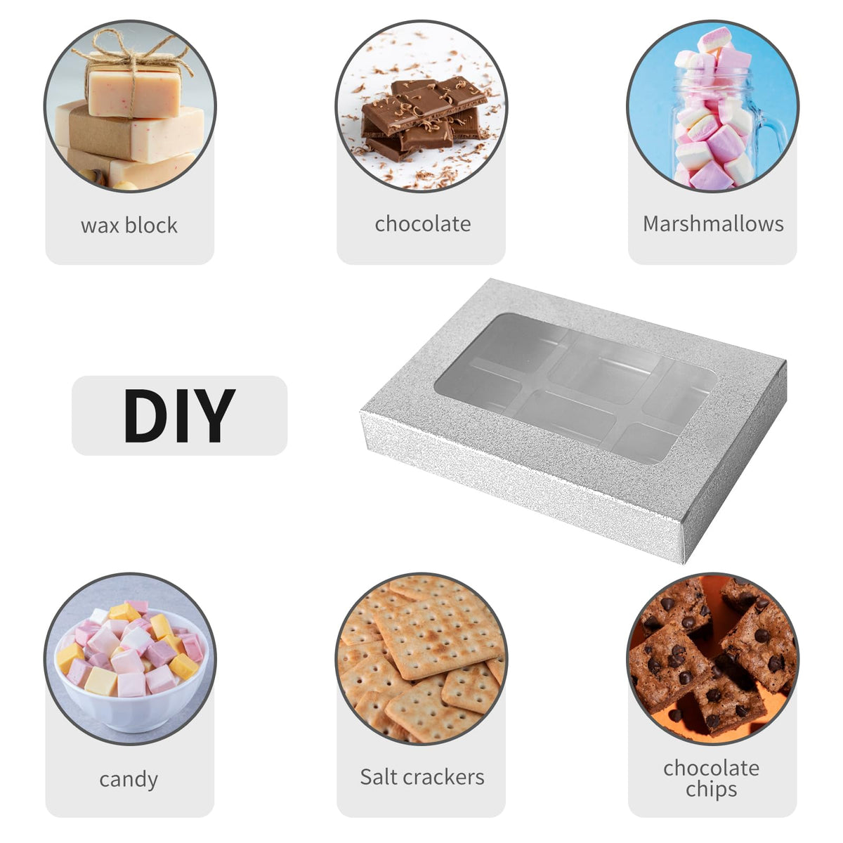 50 Pcs Silver Glitter Gift Boxes for Wax Melts 6 Cavity Plastic Wax Melt Molds with Box Crystal Wax Melts Containers Boxes Wax Melt Cube Trays for Wrapping Gifts Wax Cubes Wax Tarts Wax Block