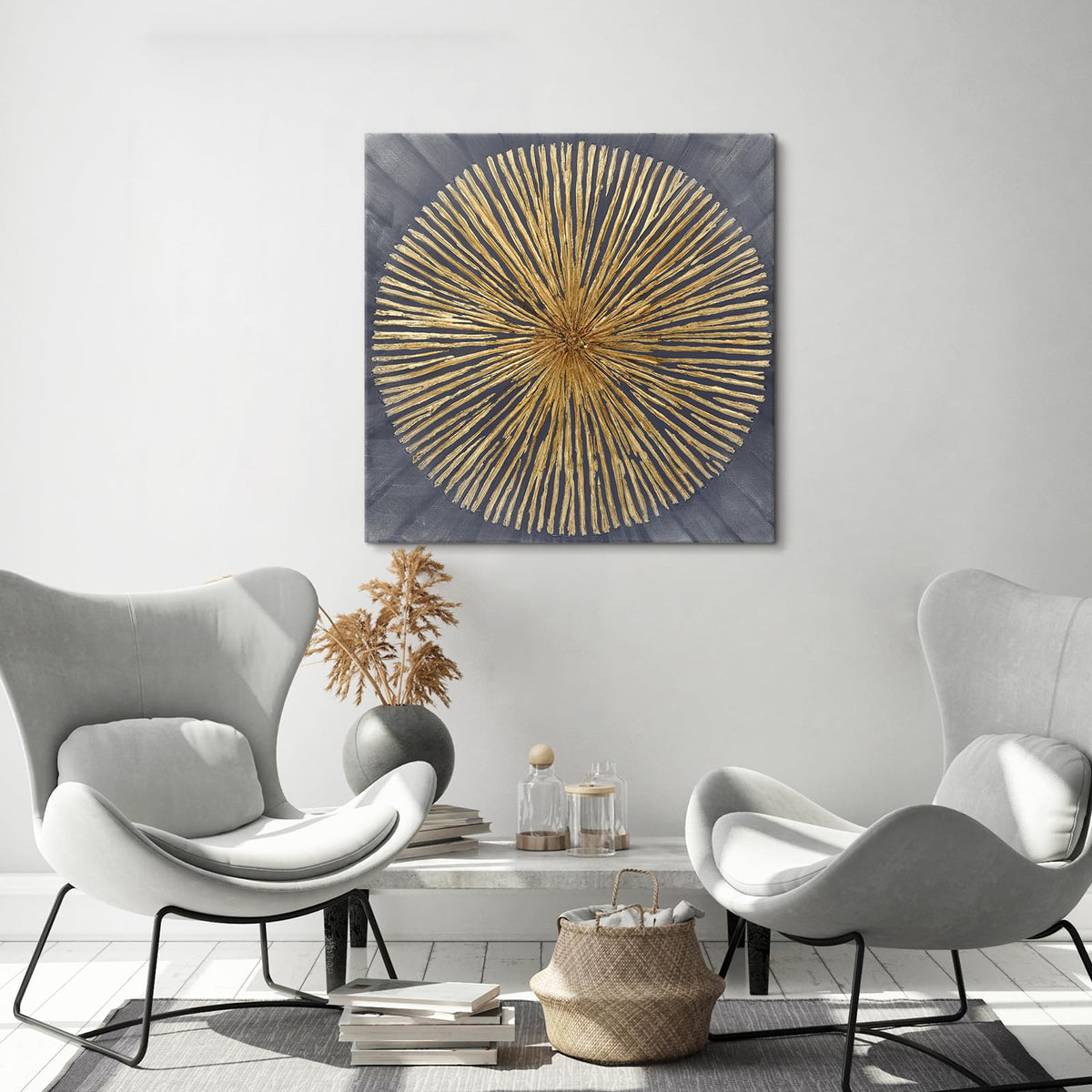 7Fisionart Modern Metal Sunburst Wall Art Gold & Grey Abstract Wall Decor Ready to Hang Radiant Framed Artwork for Living Room Bedroom Office 24x24 Inch