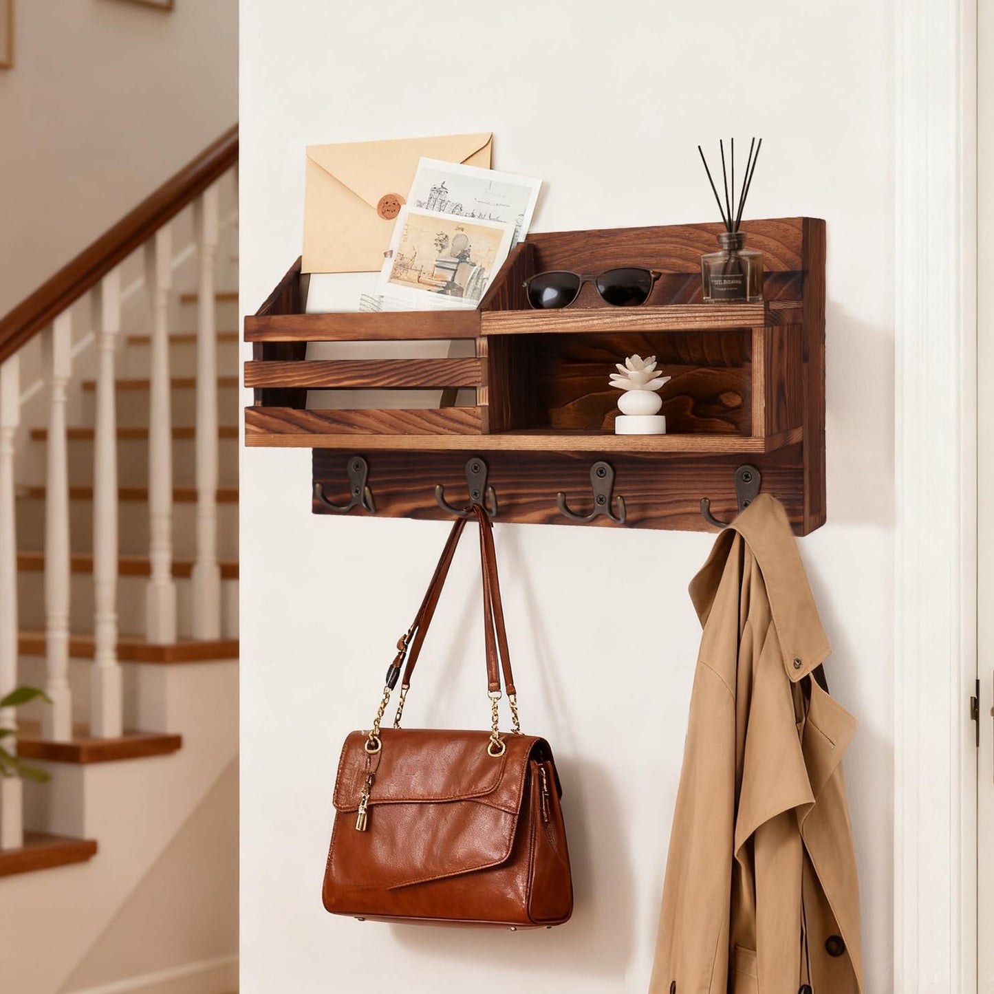 Eryvik Key and Mail Holder for Wall, Mail Organizer Wall Mount with Shelf, Farmhouse Entryway Decor for Organizing A4 Bags,Wallet, Dog Leash, Sunglass (Brown)