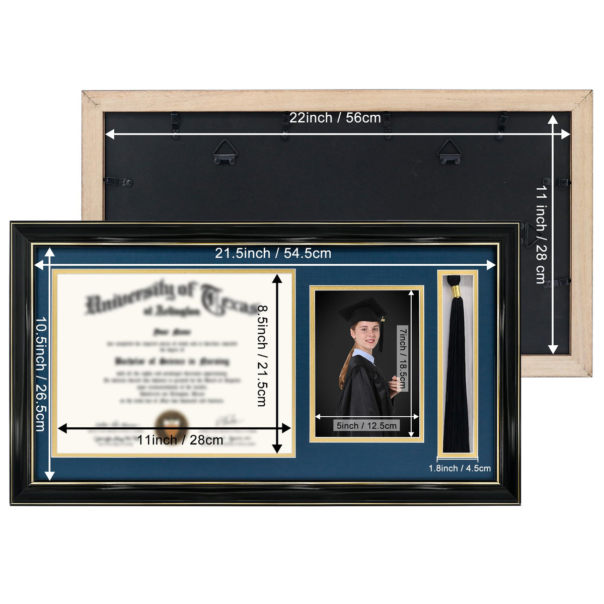 GraduationMall 11x22 Black Diploma Frame with Tassel Holder and Picture for 8.5x11 Certificate 5x7 Photo,Tempered Glass,Navy over Gold Mat