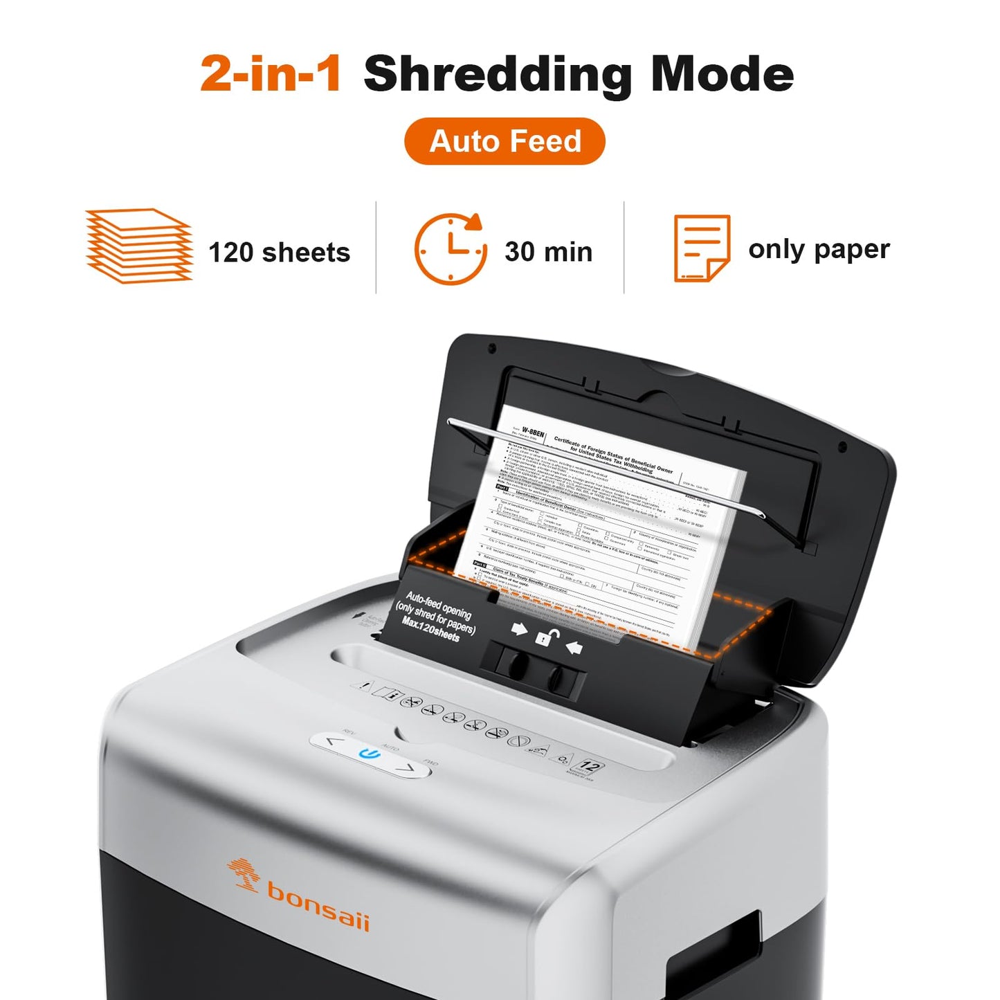 Bonsaii Paper Shredder for Office, 120-Sheet Autofeed Heavy Duty Shredder for Home Office Use, 30 Minutes/Micro Cut/P-4 High Security Level/6 Gallon Large Bin