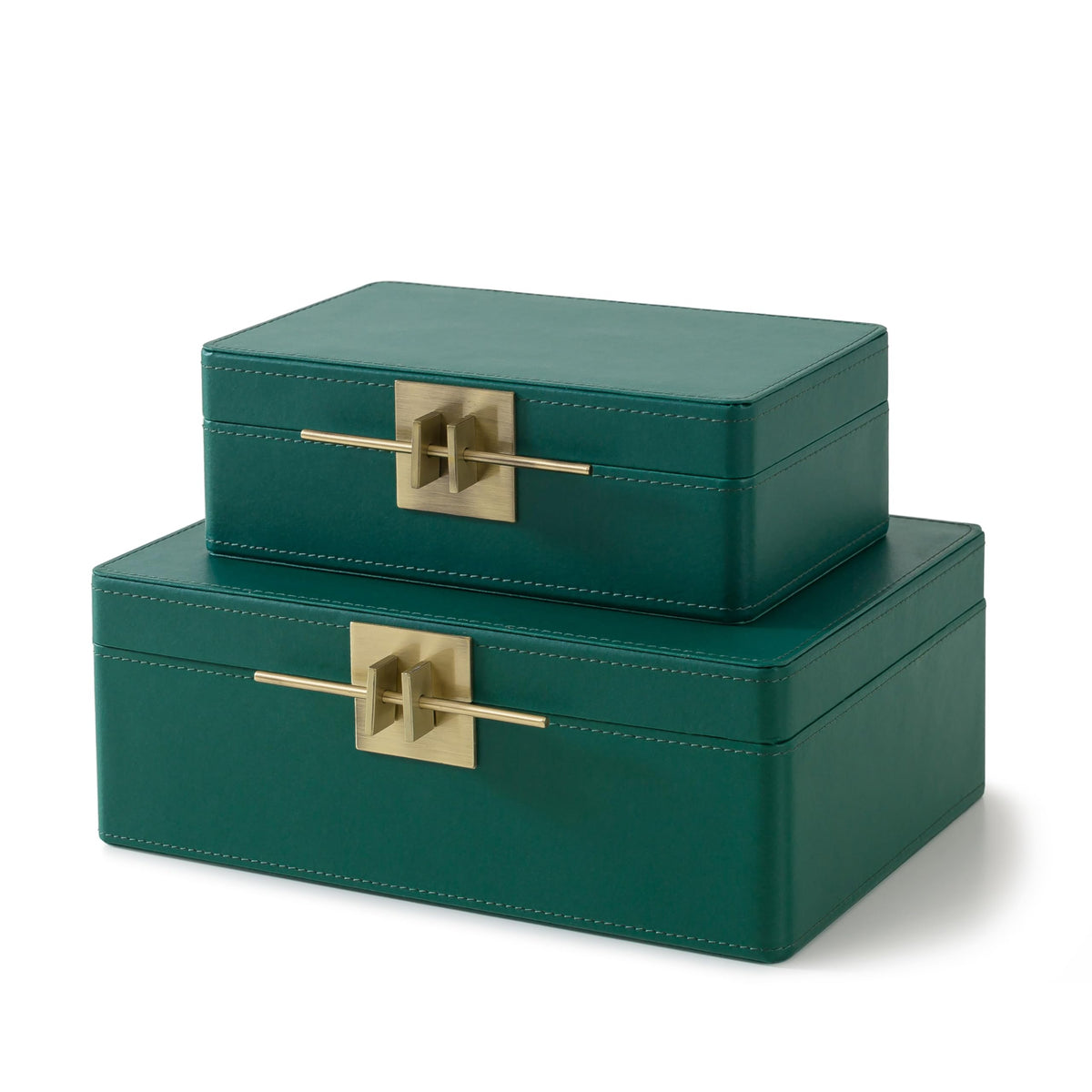 Soul & Lane Faux Leather Decorative Boxes with Lids for Home Decor, Set of 2 Stacking Hinged Boxes for Coffee Table and Living Room Shelves, Remote Control Holder, Emerald Green