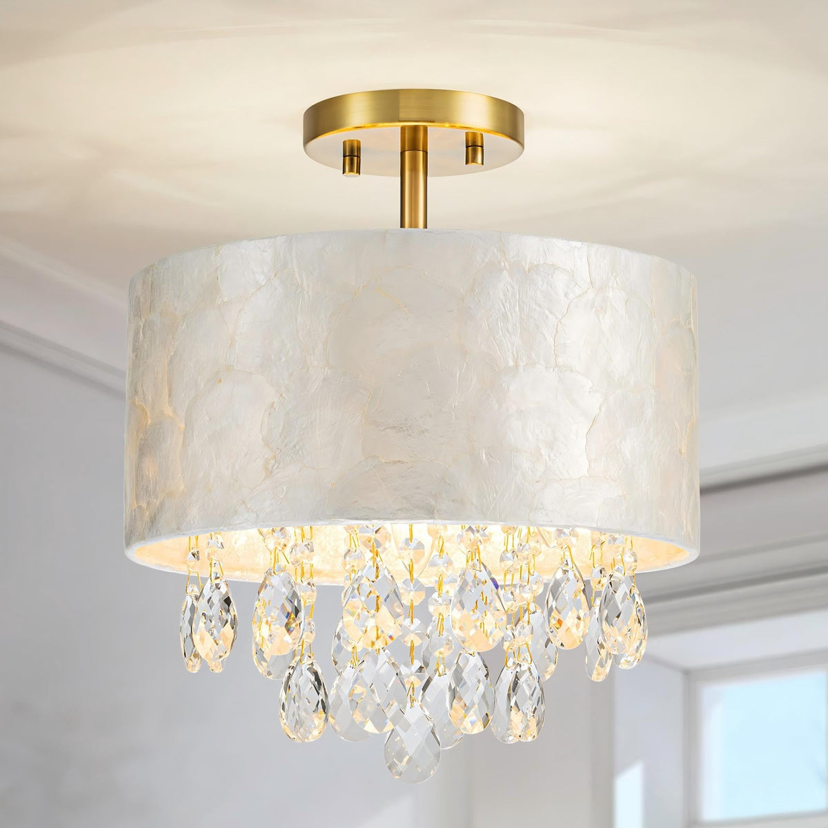 LumFurn D12in Drum Capiz Shell Crystal Ceiling Light, 3-Light Coastal Style Semi-Flushmount Light Fixture for Hallway, Entryway & Bedroom, K9 Crystal & Shell Lampshade & Gold Finish Frame