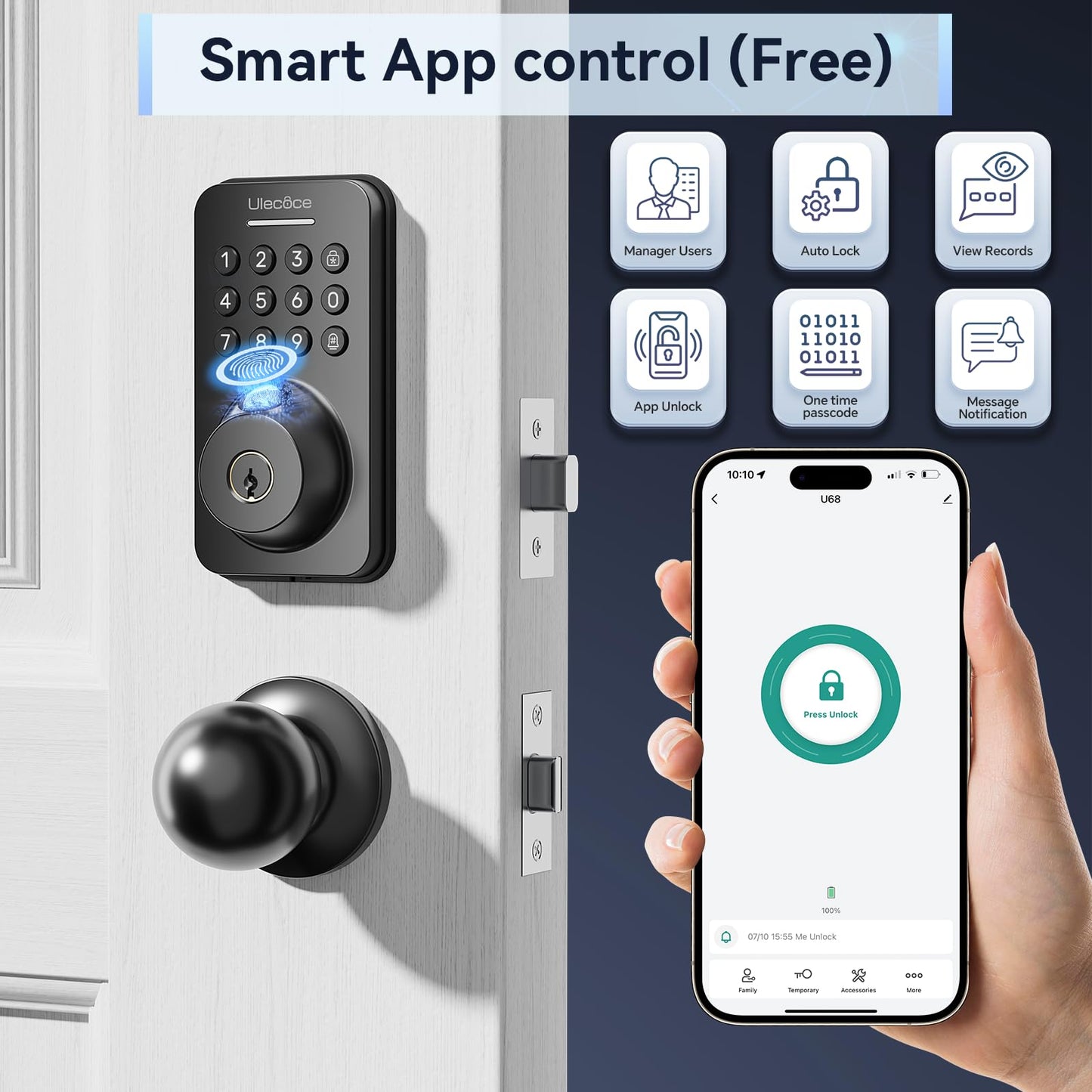 Ulecoce Fingerprint Keypad Deadbolt with Handle Set, Keyless Entry Door Lock, Door Locks for Front Door Lock Set, App Control, Auto Locking, Easy to Install, Matte Black