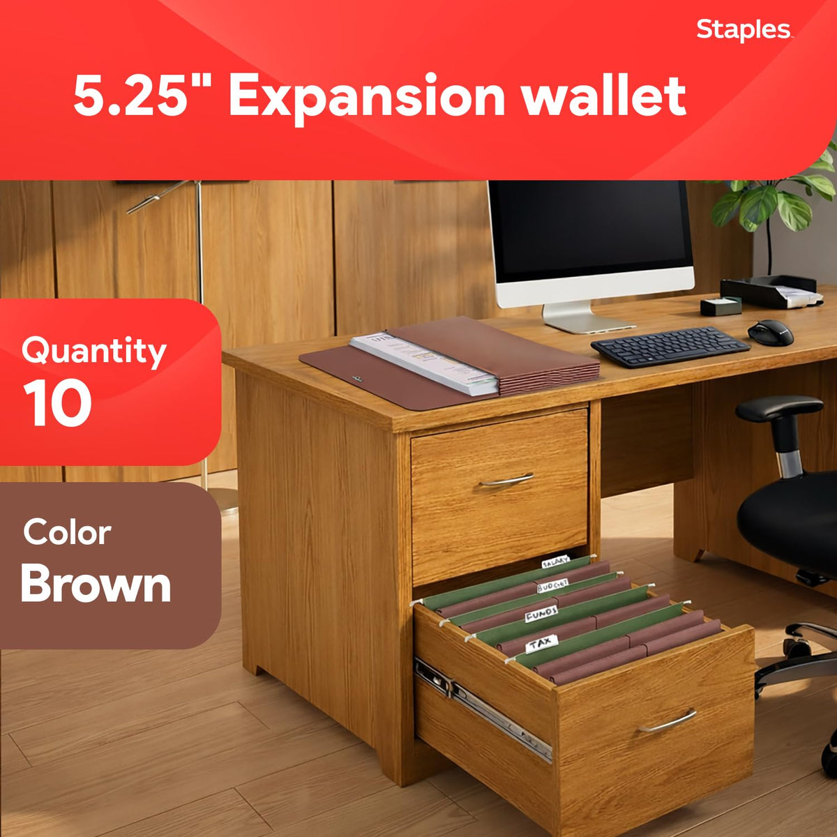 Staples Expanding Wallet, Legal Size, Brown Redrope Accordion File with Elastic Closure, Holds Oversized Documents – 10/Pack